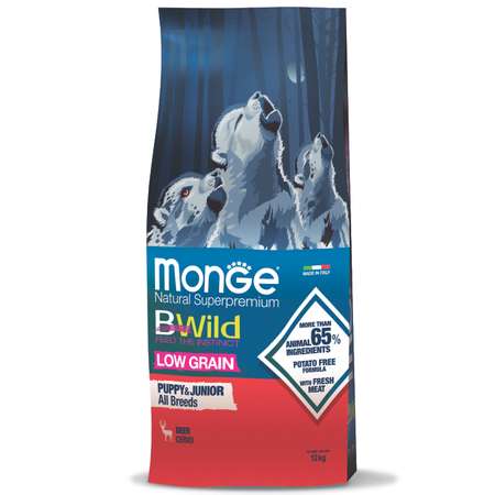 Корм для щенков Monge 12кг Dog BWild Low grain Puppy and junior низкозерновой из мяса оленя