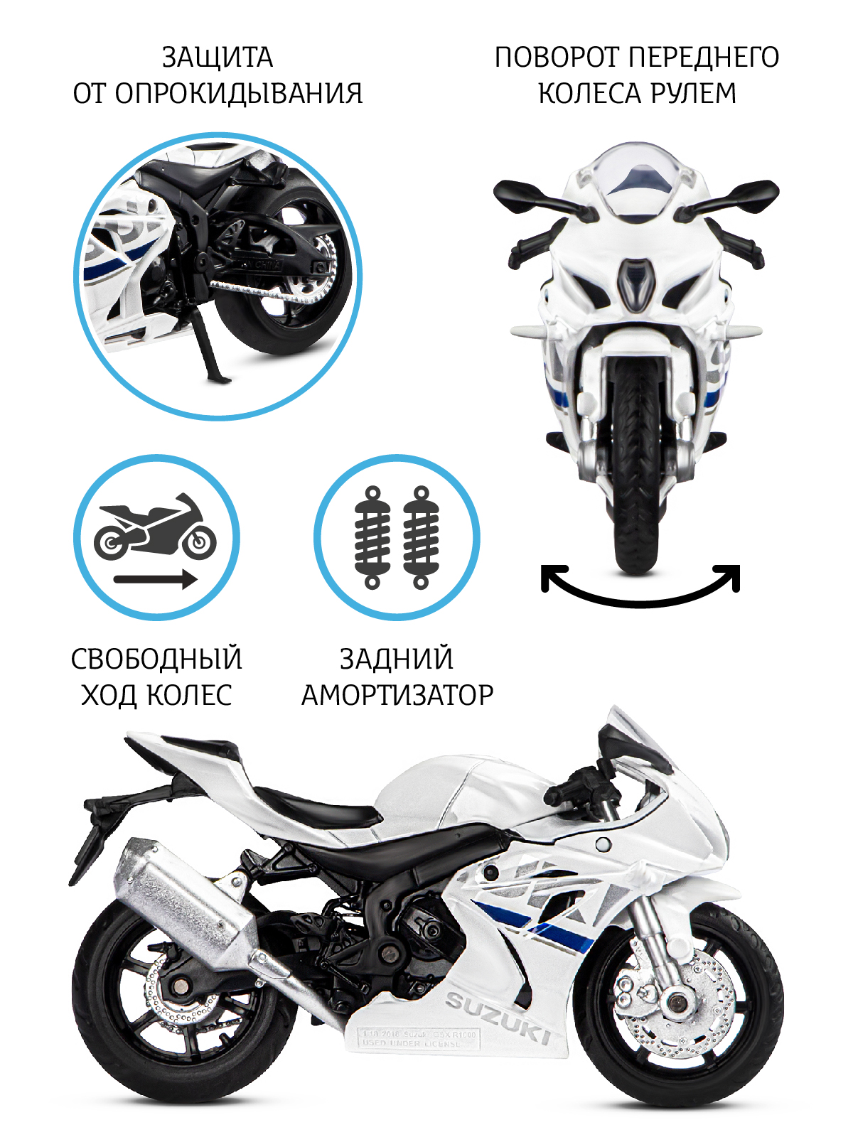 Мотоцикл металлический АВТОпанорама 1:18 Suzuki GSR-R1000 белый свободный  ход колес купить по цене 1296 ₽ в интернет-магазине Детский мир