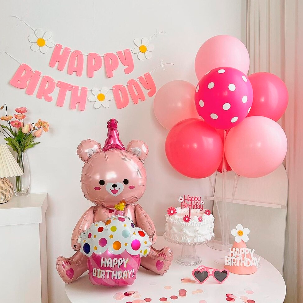 Воздушный шар Falali Мишка с капкейком Happy Birthday/С Днем рождения розовый 97 см - фото 4