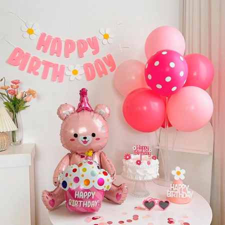 Воздушный шар Falali Мишка с капкейком Happy Birthday/С Днем рождения розовый 97 см