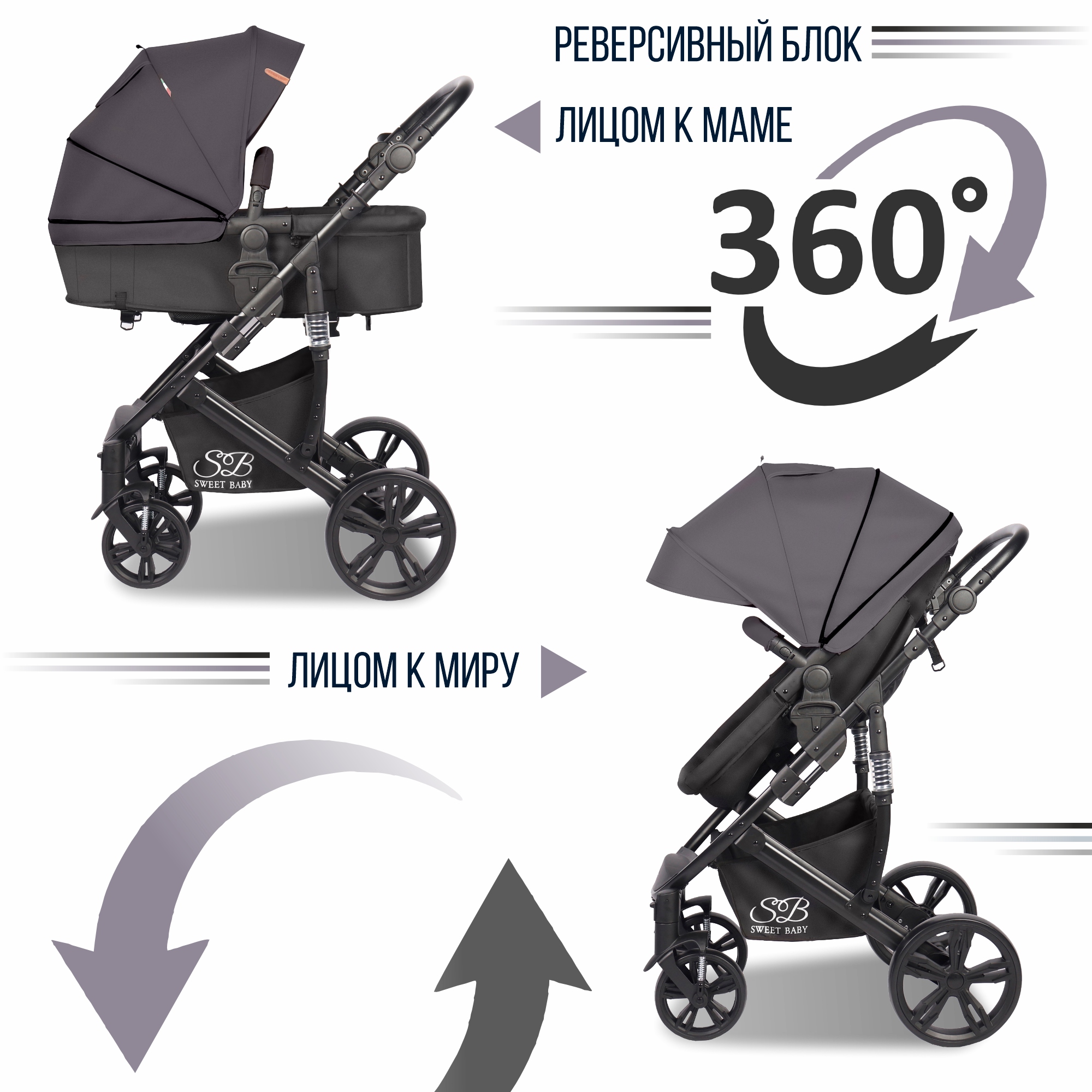 Коляска-трансформер 2 в 1 Sweet Baby Comfort black grey - фото 7