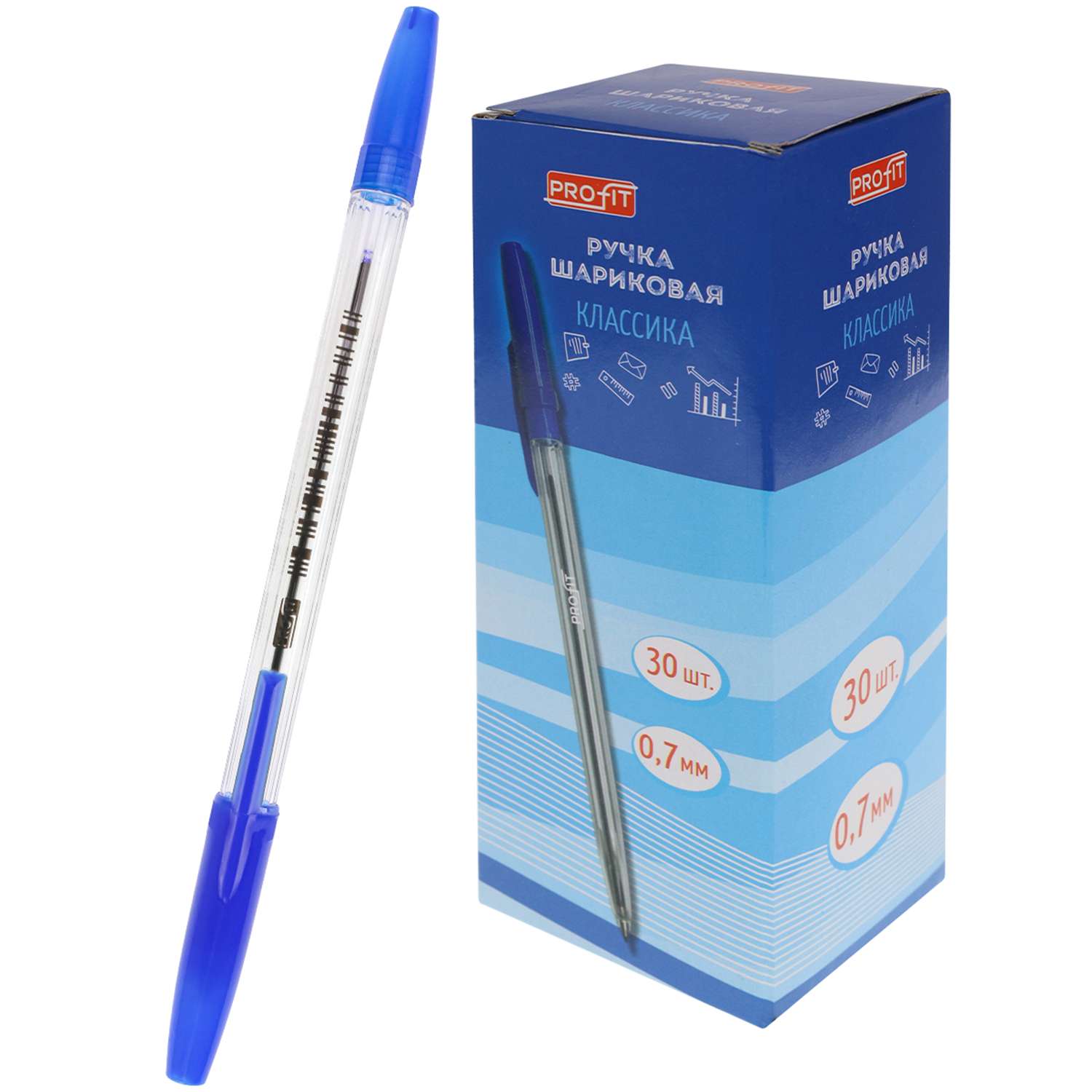 Ручка шариковая Profit Классика синяя прозрачный корпус 30 штук - фото 2
