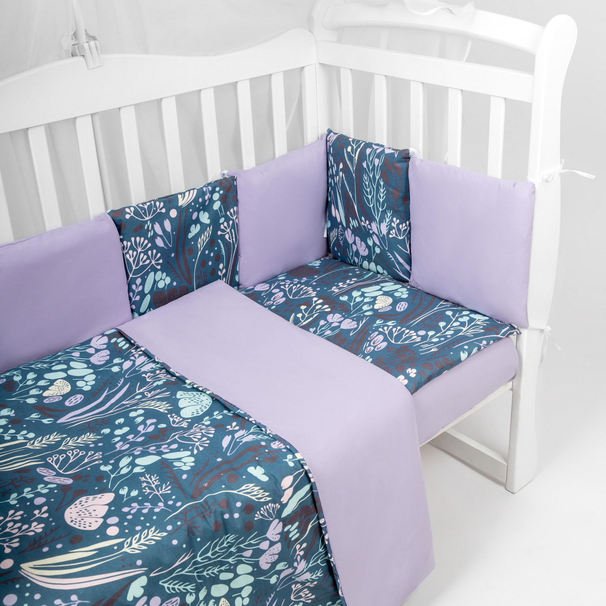 Комплект Premium AmaroBaby в кроватку 18 предметов: 6 + 12 подушек-бортиков Flower dreams фиолетовый - фото 3
