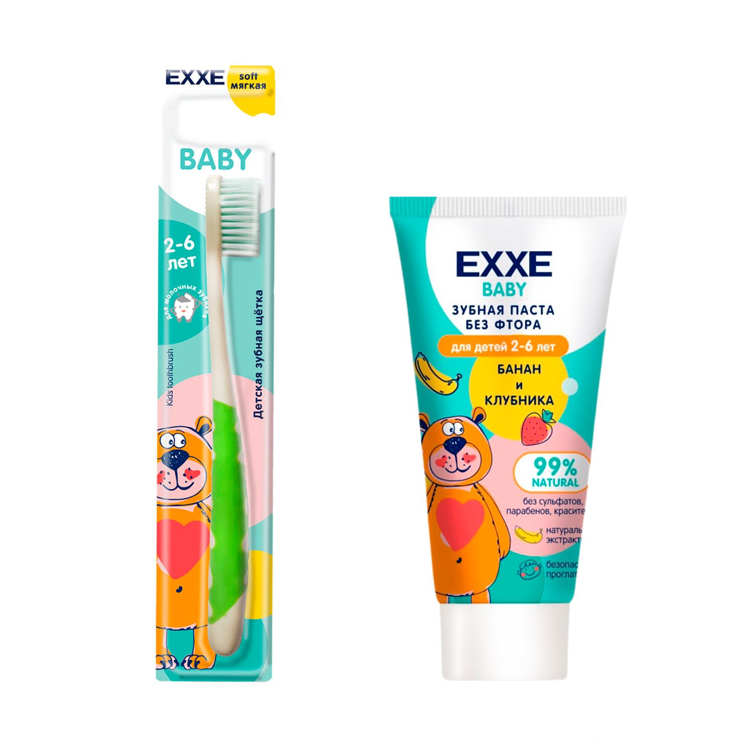 Детский набор для полости рта EXXE Baby Зубная щетка + паста банан и клубника - фото 1