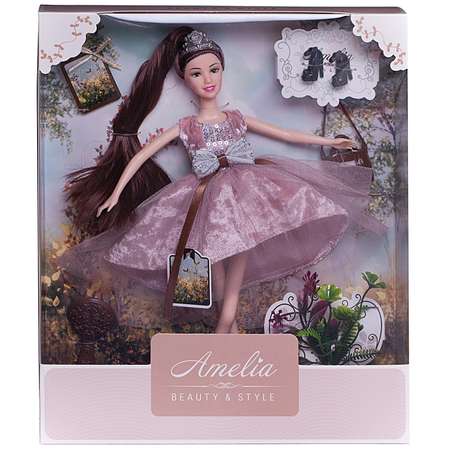 Кукла ABTOYS Летний вечер с диадемой в розовом блестящем платье с двухслойной юбкой темные волосы 30см
