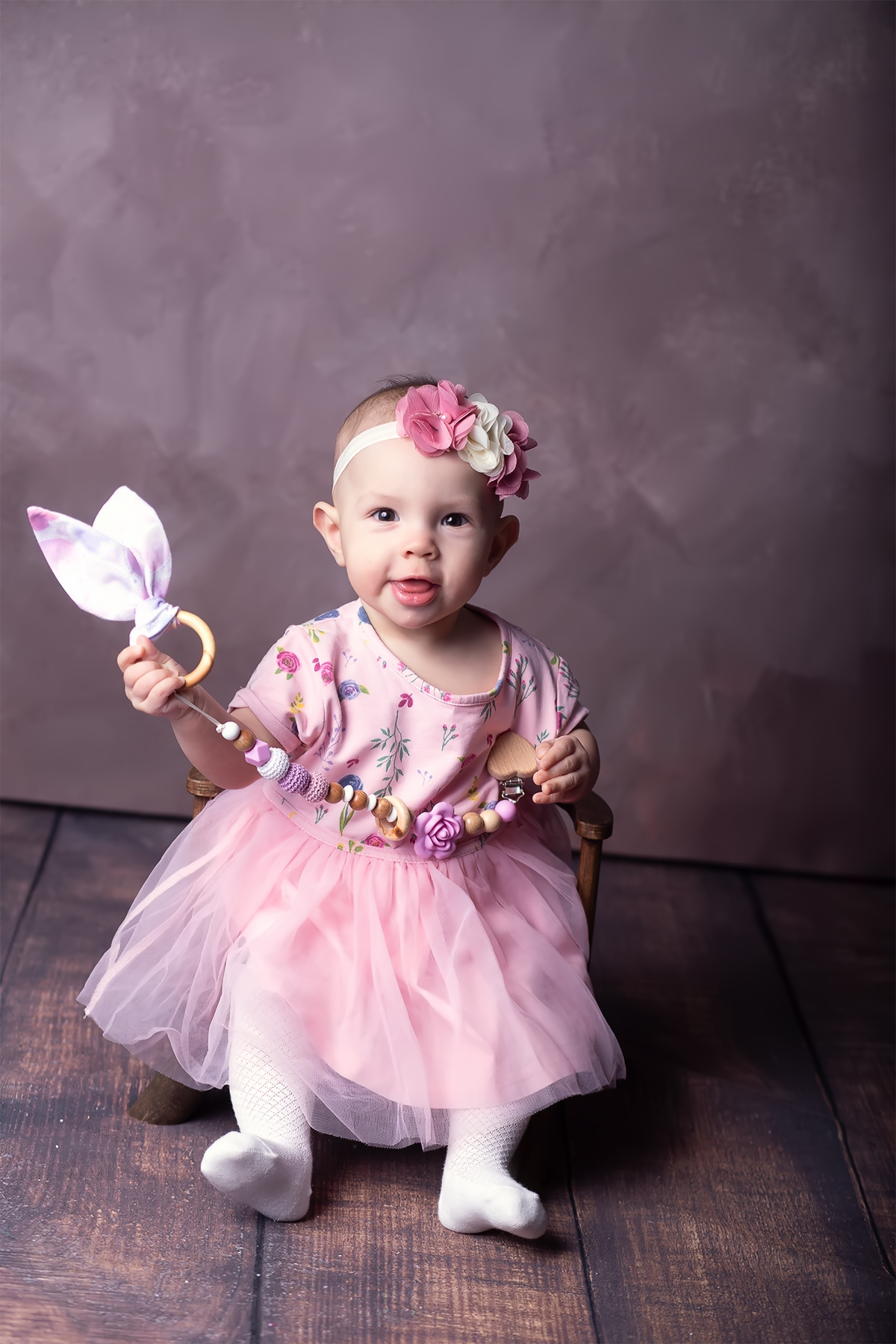 Подарок новорожденной Счастливые Моменты Можжевелово/силиконовый + Грызунок «ушки-зайчика» розовый - фото 4