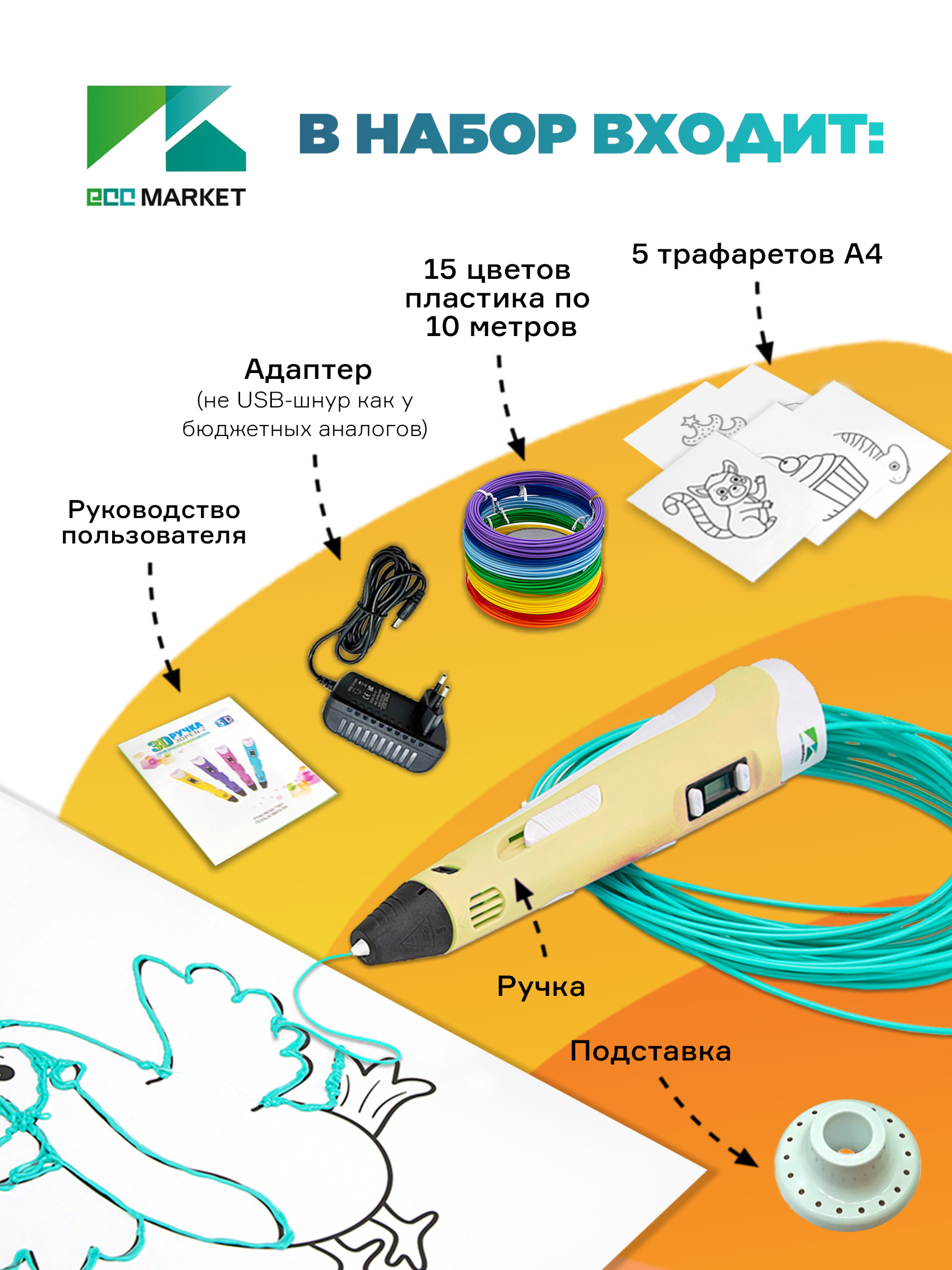 3D ручка ECC Market 3DPEN 2 15 желтая - фото 3