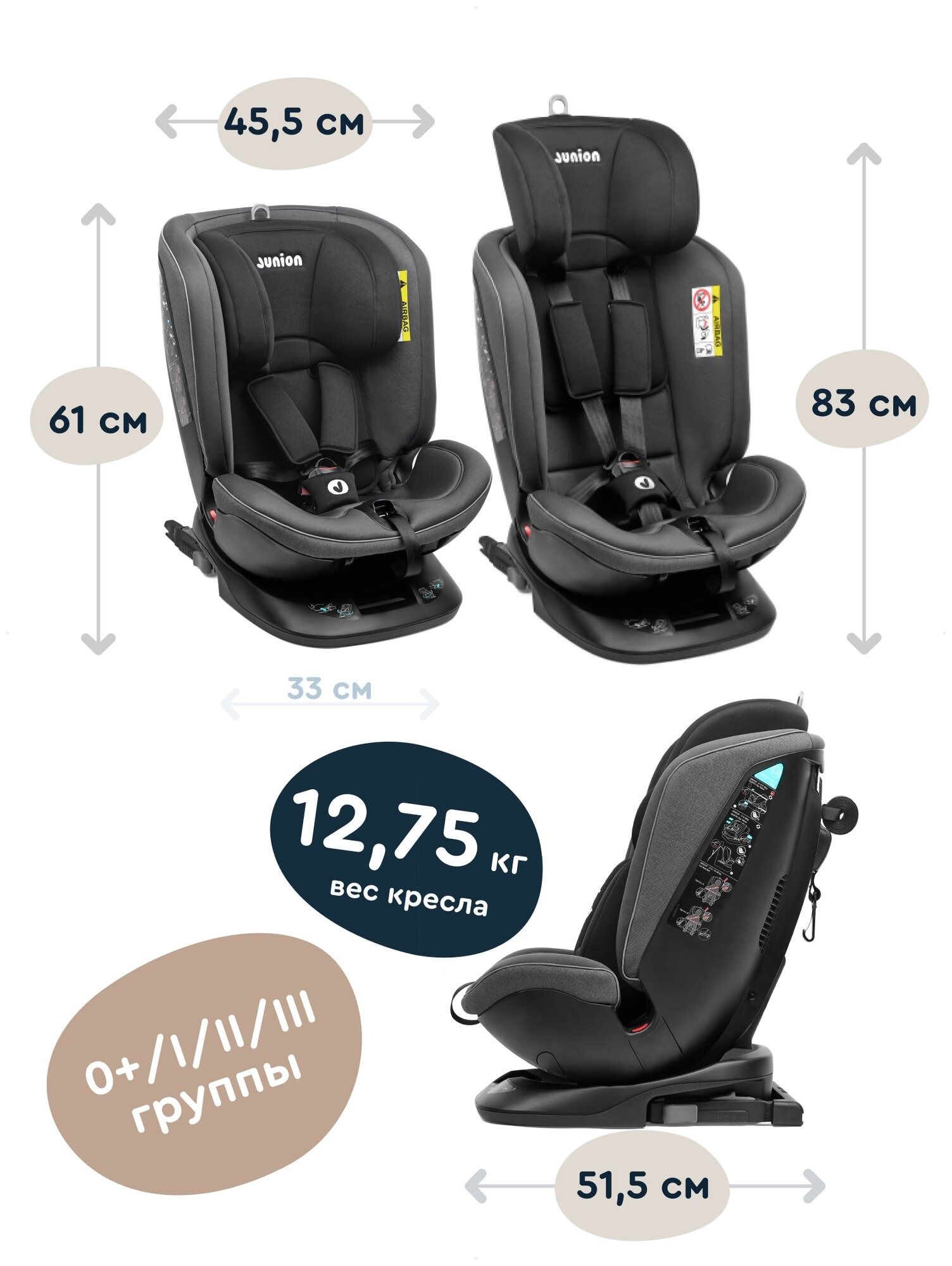 Автокресло Junion Ebby группа 0+/1/2/3 0-36 кг 360° Isofix тёмно-серый - фото 3