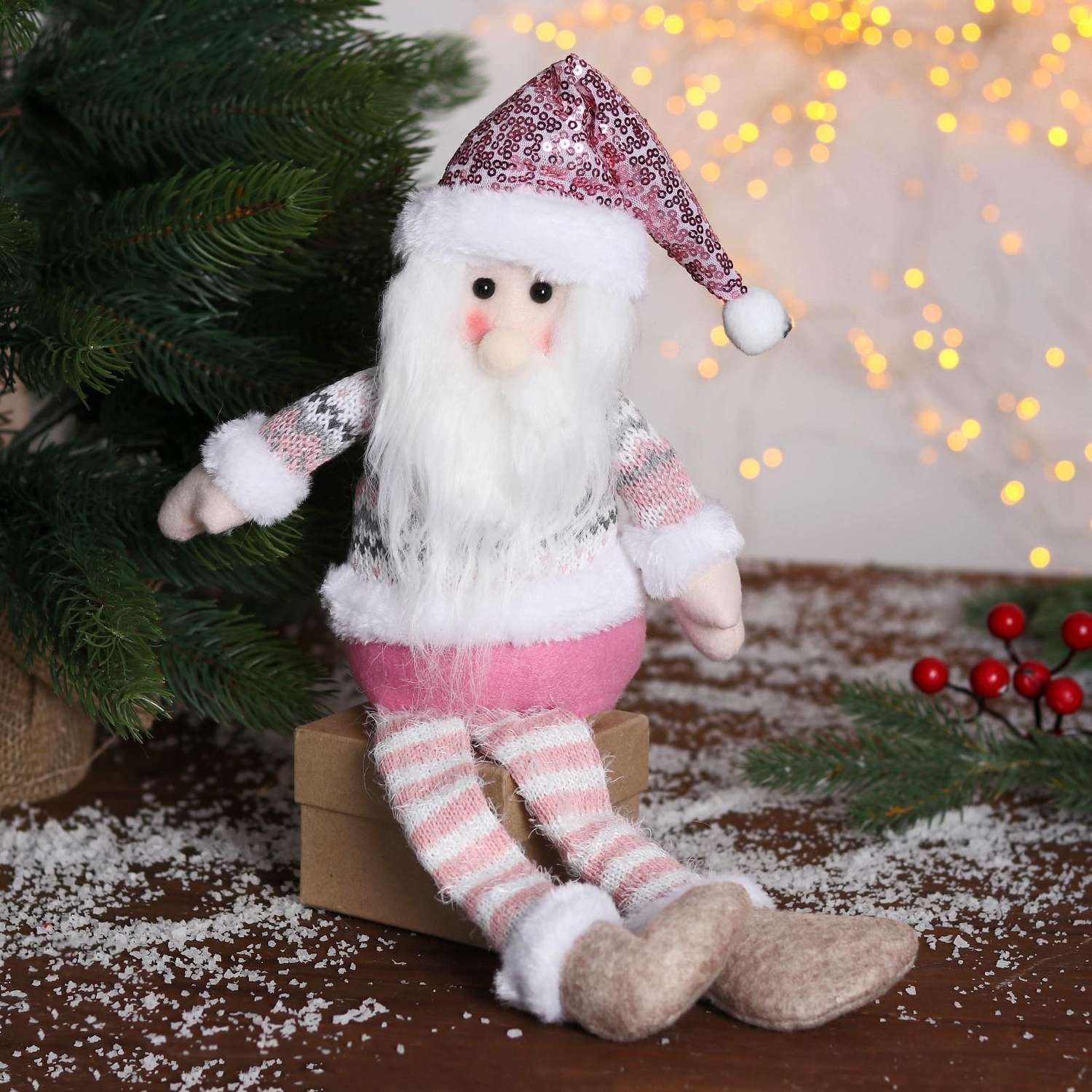 Мягкая игрушка Зимнее волшебство «Дед Мороз в розой шапочке-длинные ножки» 11х37см бело-розовый - фото 1