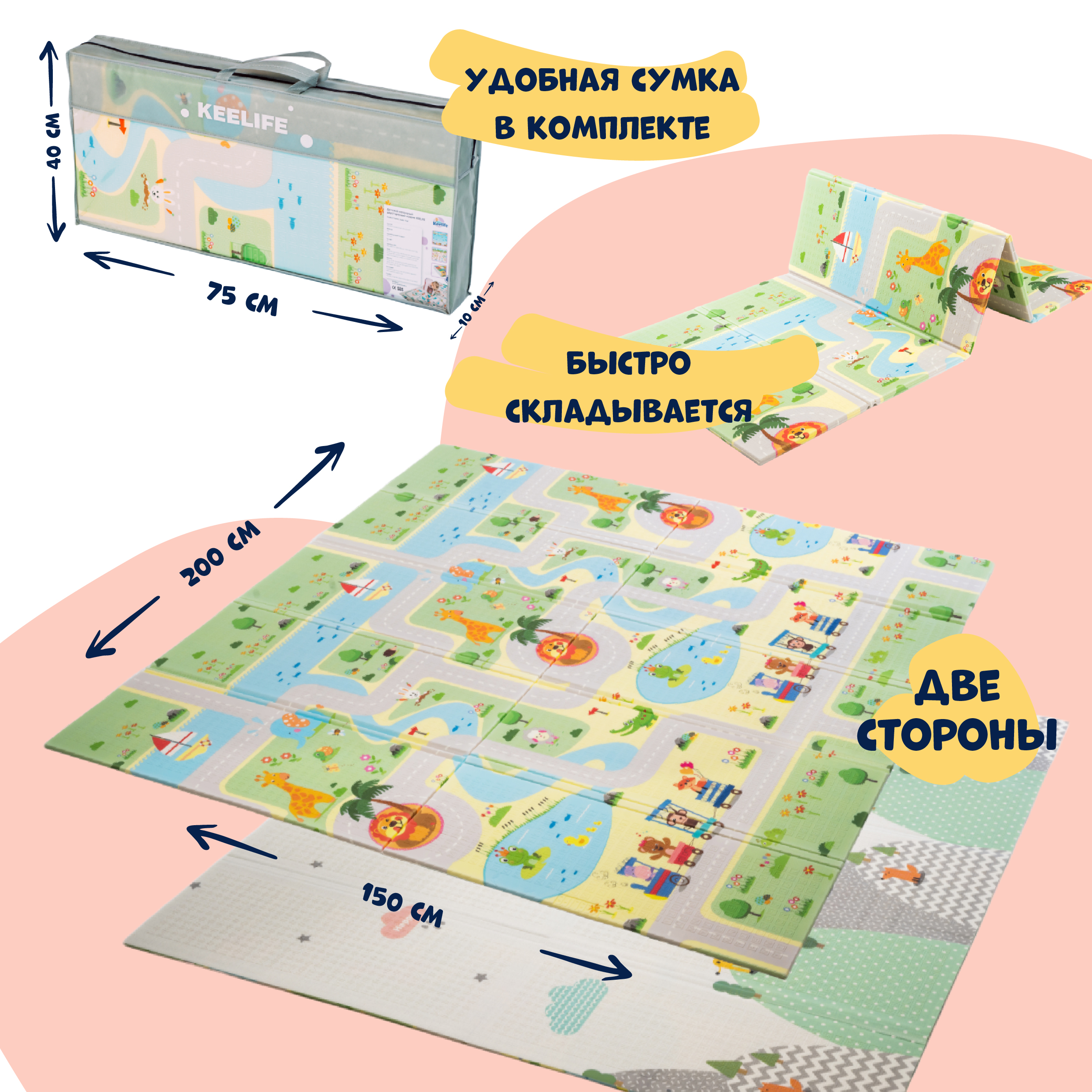 Коврик развивающий детский Keelife для ползания складной игровой 150*200см Холмы и Дороги - фото 2