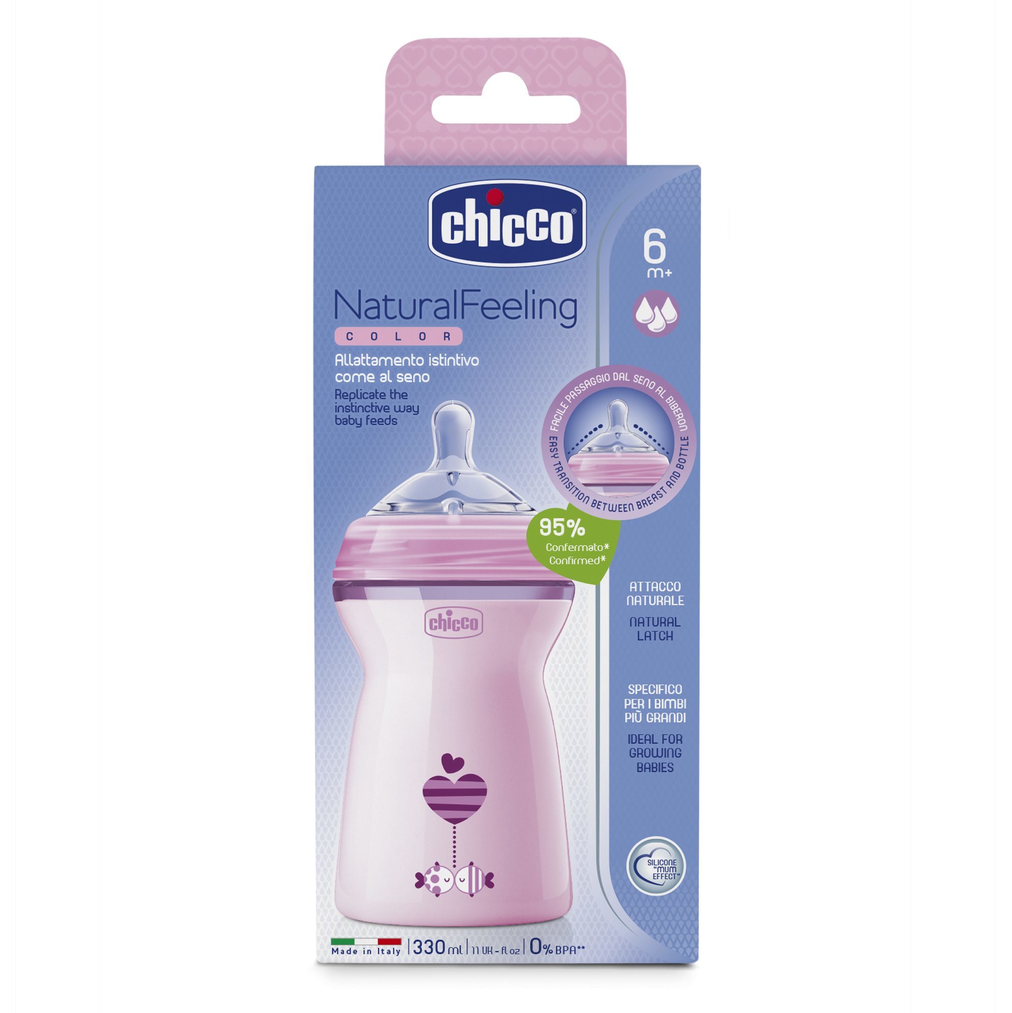 Бутылочка Chicco Natural Feeling 330мл с 6месяцев Розовая - фото 2