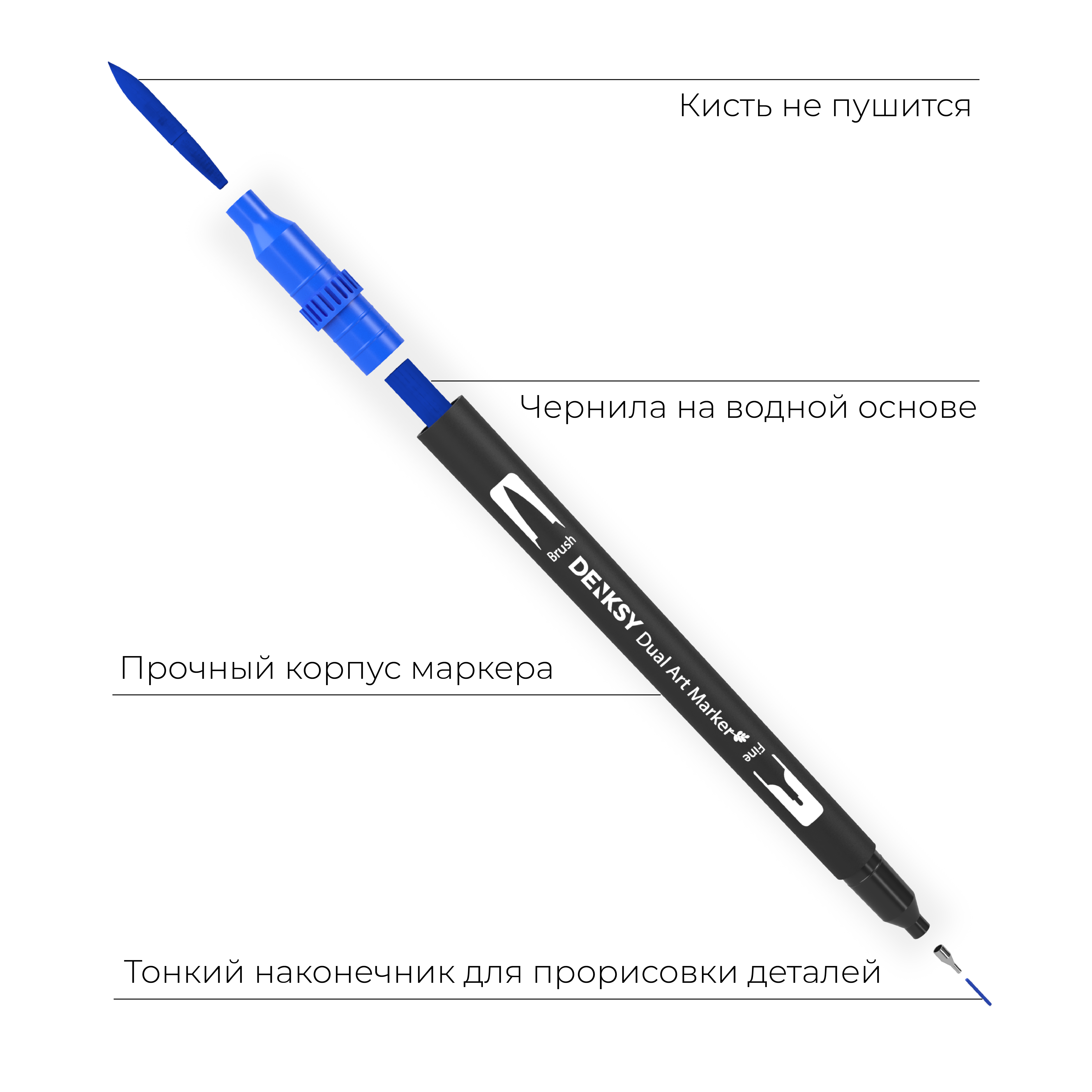 Двусторонние водные маркеры DENKSY 6 цветов с черным корпусом - фото 4