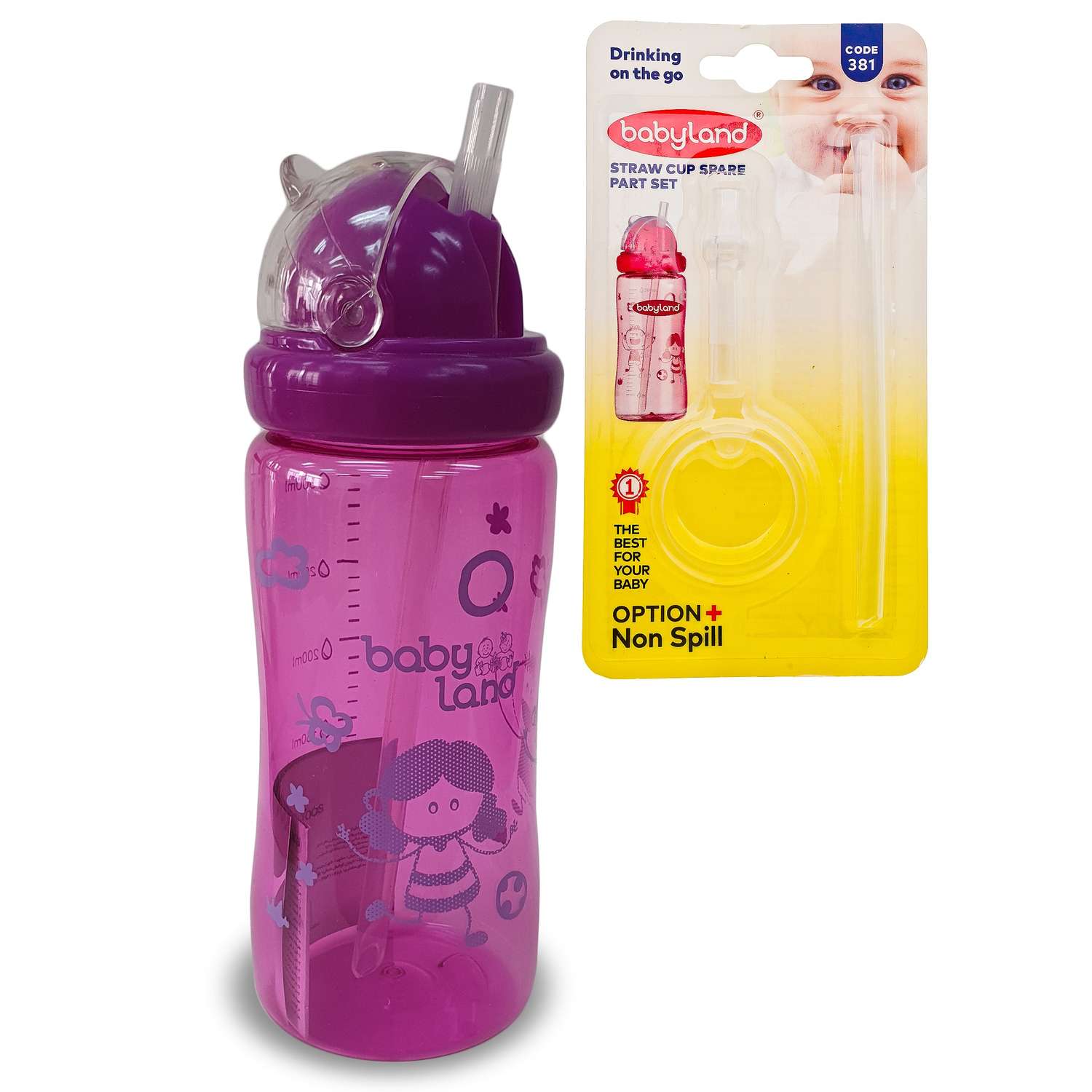 Бутылочка-поильник Baby Land с запасной трубочкой 300мл фиолетовый - фото 1