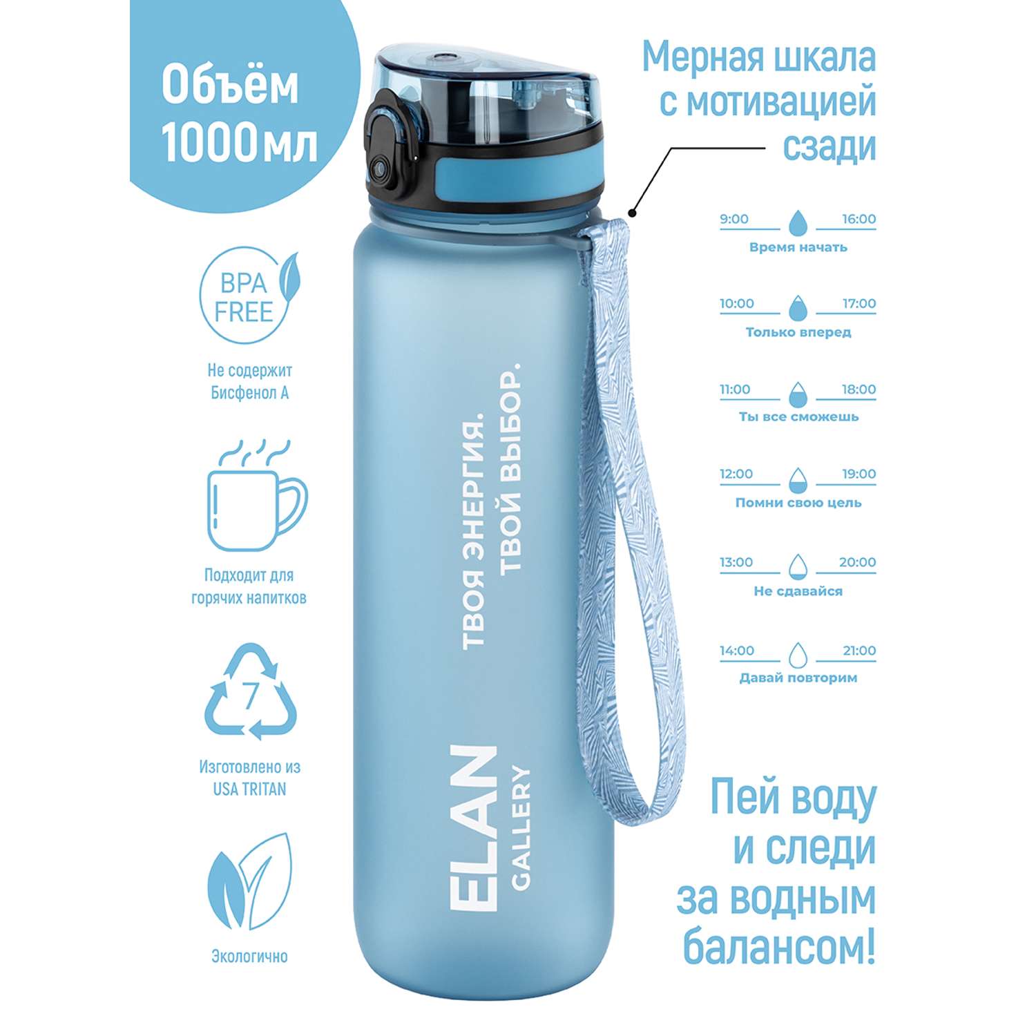 Бутылка спортивная для воды Elan Gallery 1000 мл 7.8х7.8х28.5 см Style Matte голубая пастель мотивационная - фото 1