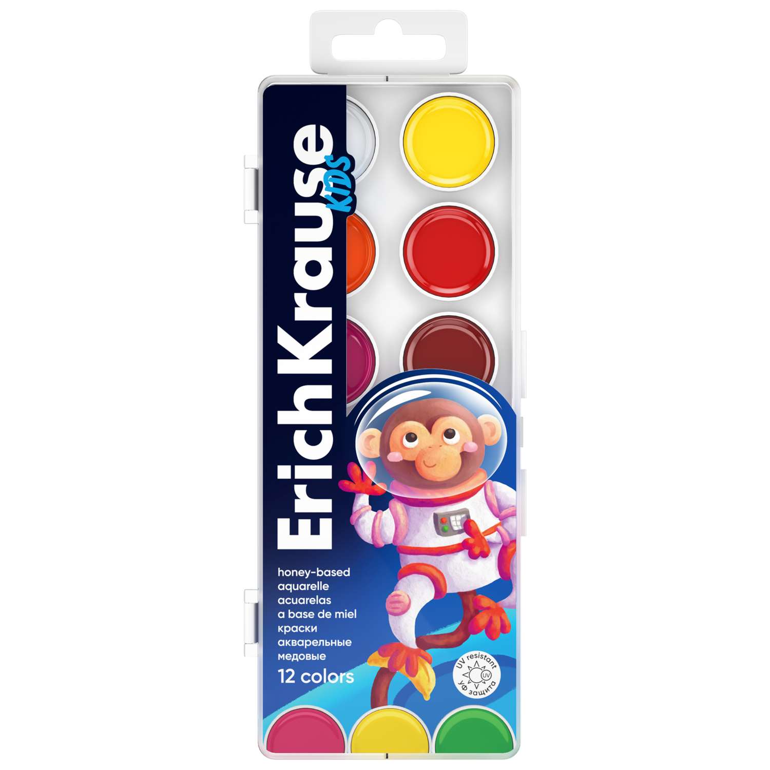 Краски акварельные ErichKrause Kids Space Animals медовые с УФ защитой яркости 12 цветов 61360 - фото 1