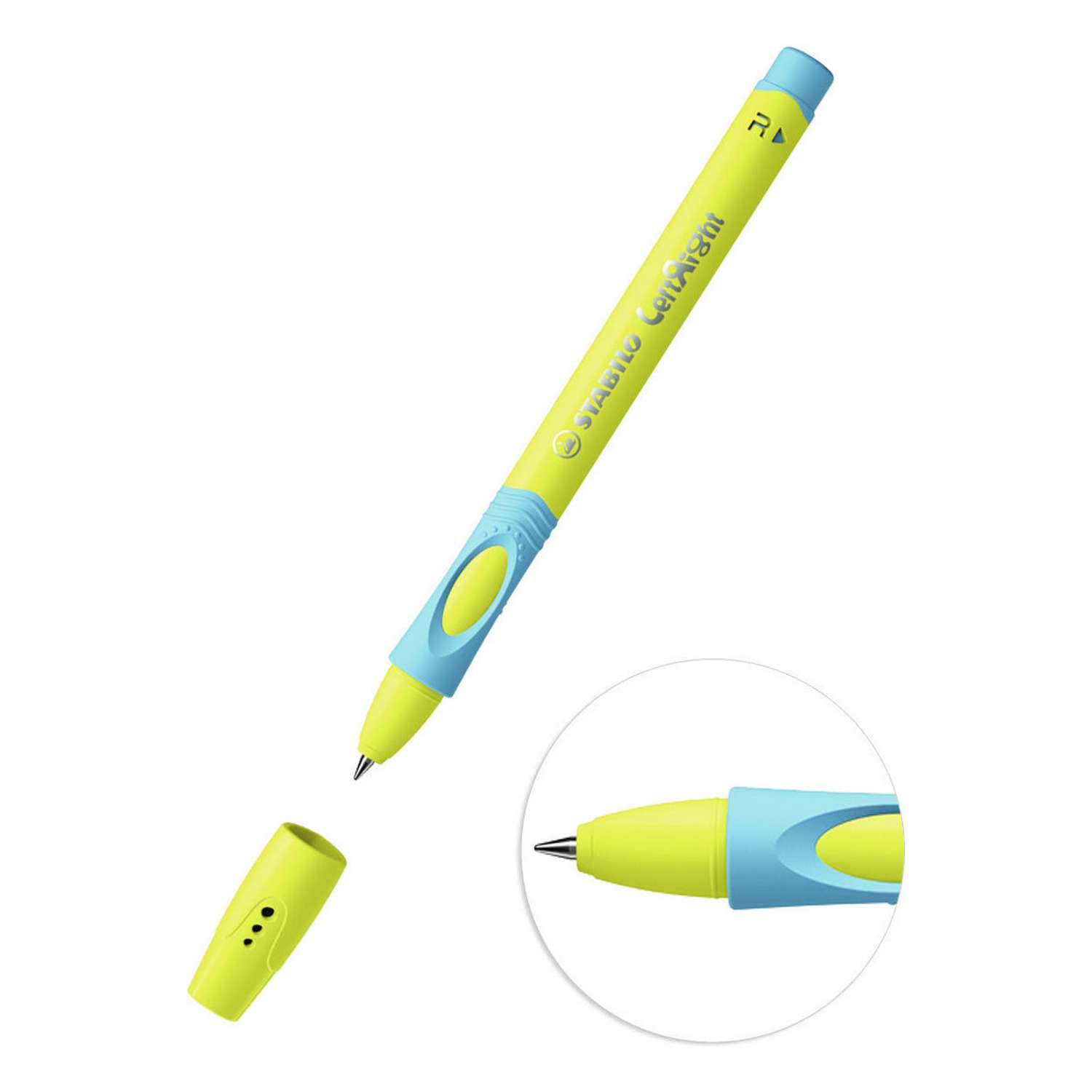 Ручка шариковая масляная STABILO LeftRight для правшей для обучения письму F синяя / корпус жёлто-голубой 2шт в блистере - фото 3