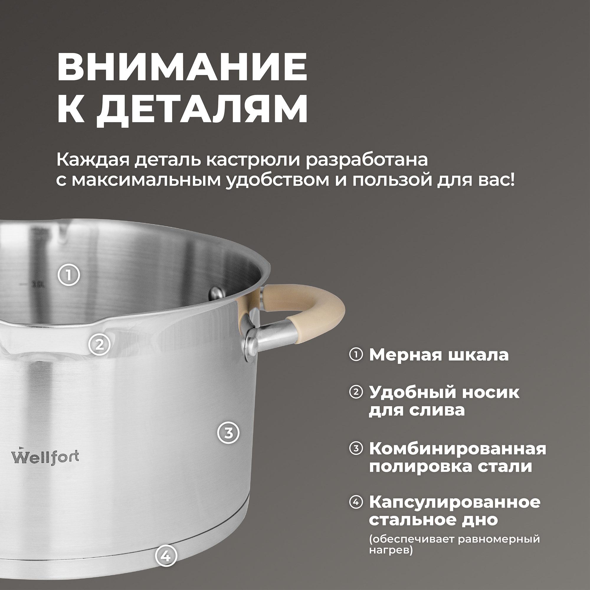 Кастрюля Wellfort 4.4Л нержавеющая сталь крышка-дуршлаг - фото 7