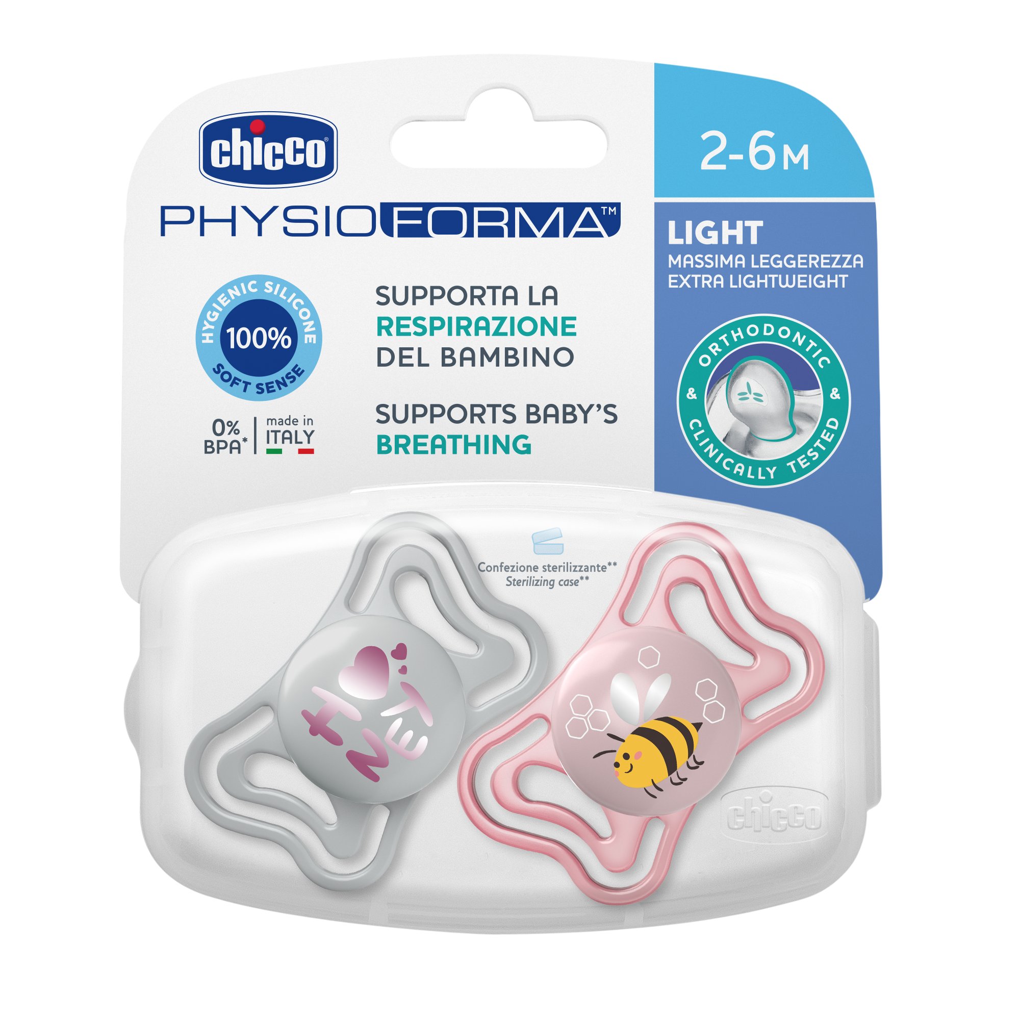 Пустышка CHICCO Physio Light 2шт 2-6мес силикон Pink рисунок пчелка нейтральный - фото 1