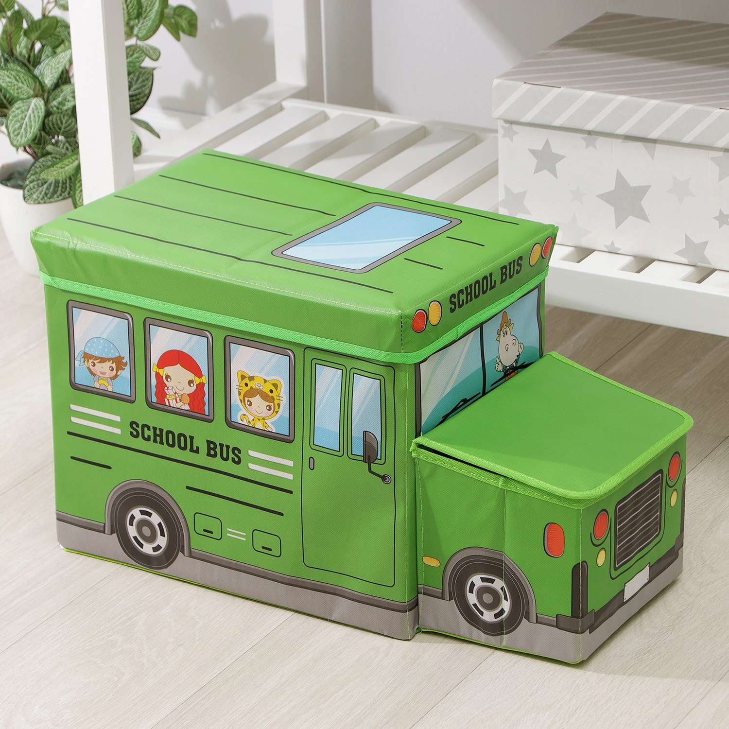 Короб Школа Талантов стеллажный для хранения с крышкой «Школьный автобус» 55×26×32 см 2 отделения цвет зелёный - фото 3