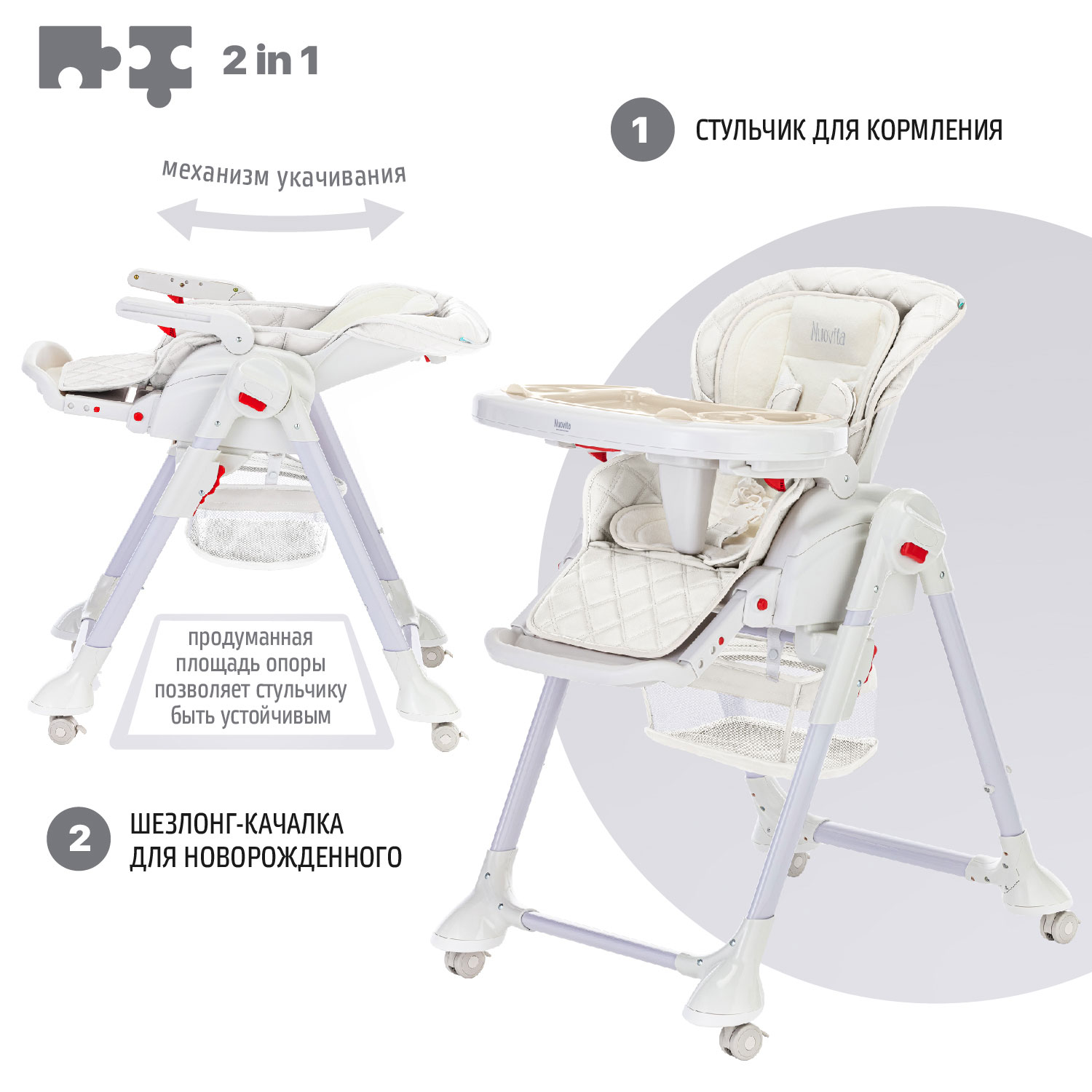 Стул-шезлонг для кормления Nuovita Tutela со стежкой Белый - фото 3