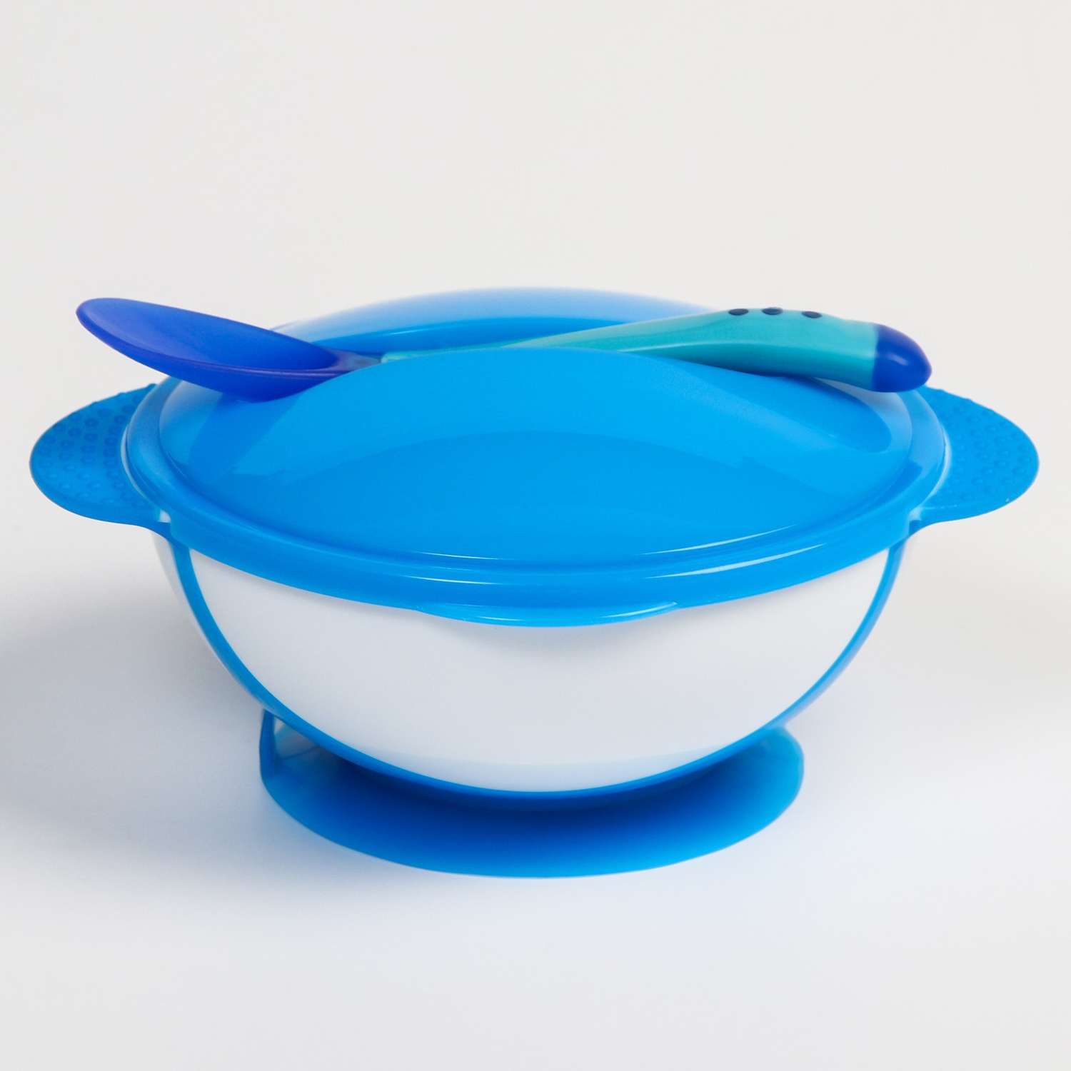 Набор детской посуды Крошка Я для кормления миска на присоске 340 мл с крышкой термоложка цвет синий - фото 1