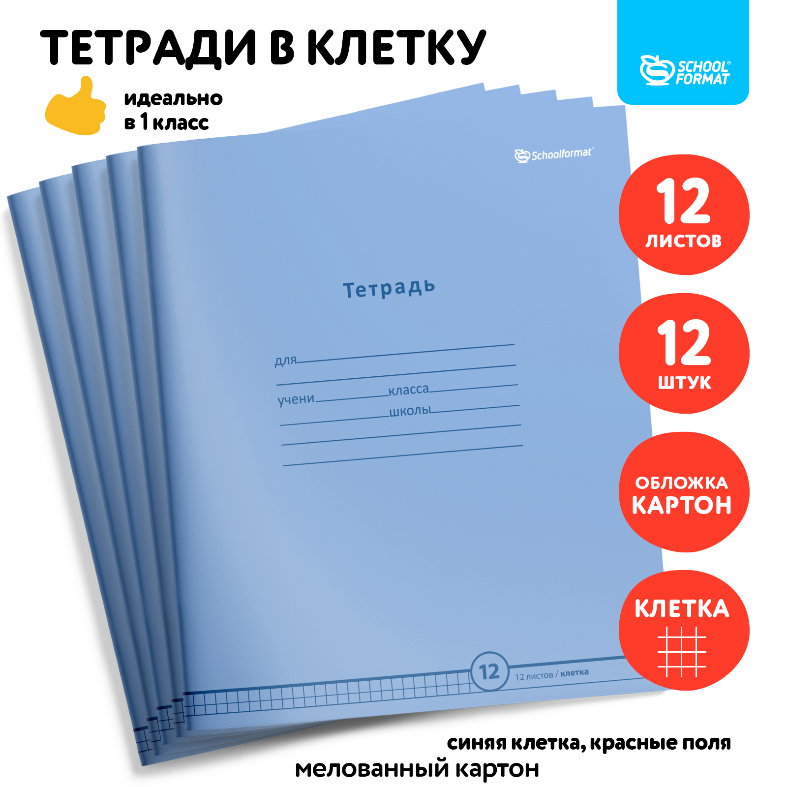 Тетрадь SCHOOLFORMAT 12 листов клетка нежно-голубая - фото 1