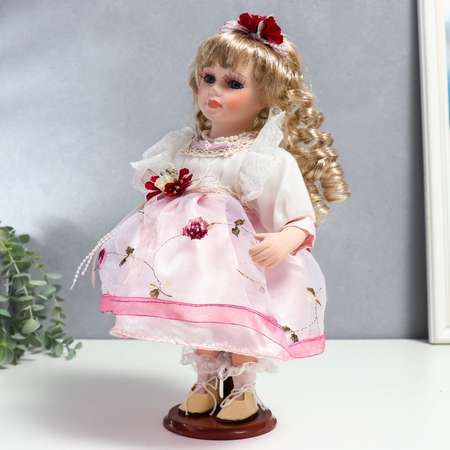 Кукла коллекционная Зимнее волшебство керамика «Агата в бело-розовом платье и с цветами в волосах» 30 см