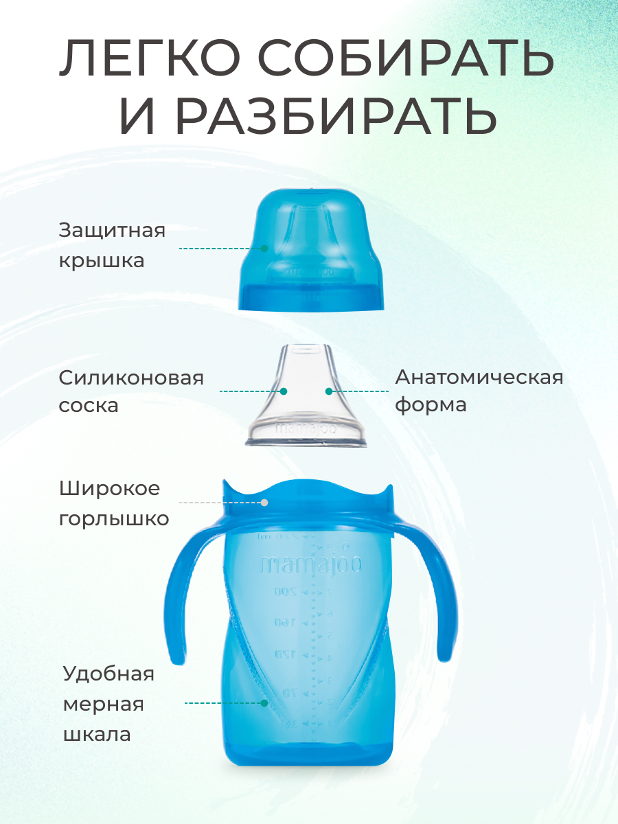 Поильник Mamajoo антиколиковый непроливайка с ручками 270мл 6+мес синий - фото 2