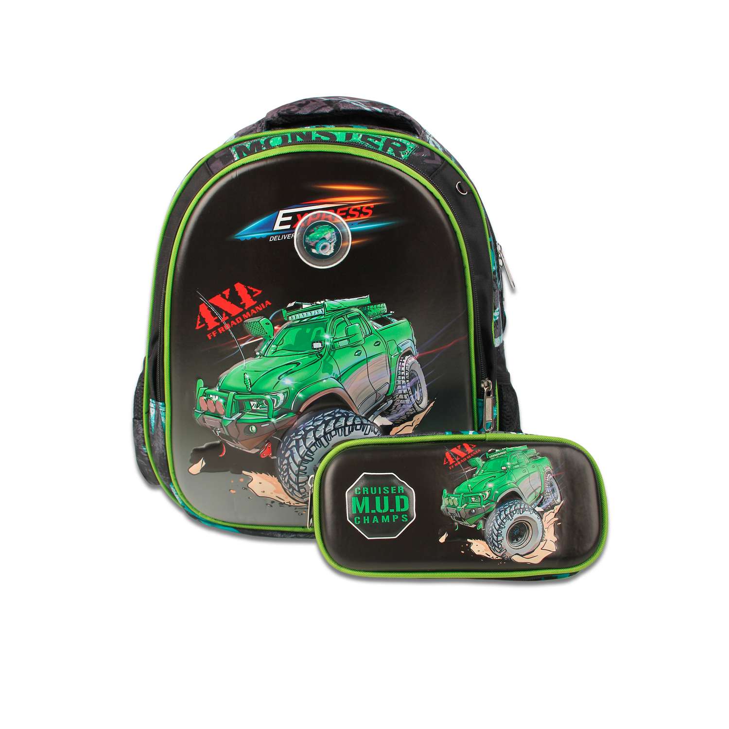 Рюкзак школьный с пеналом Little Mania Джип зеленый - фото 1