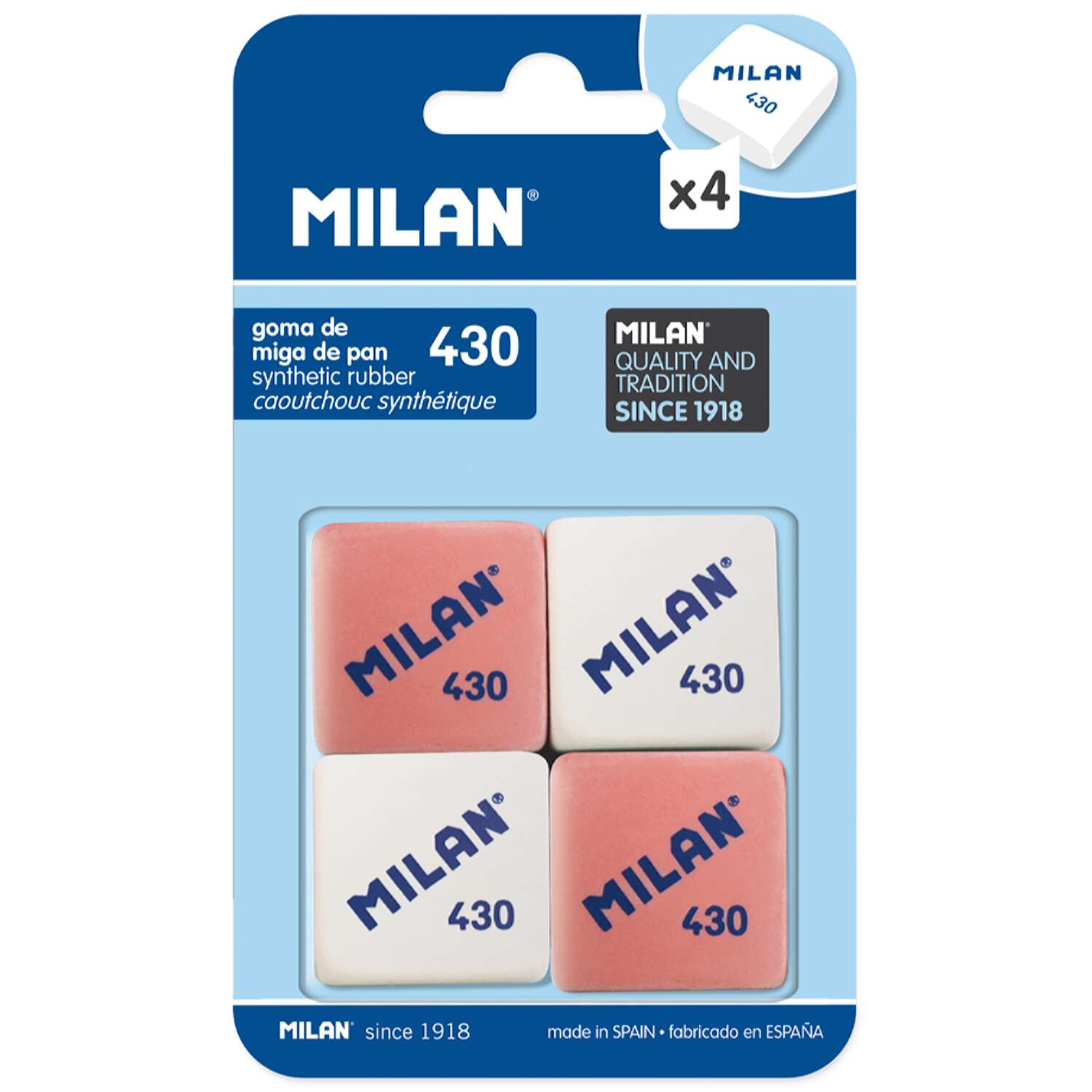Набор квадратных ластиков MILAN белого и розового цвета из синтического каучука и пластика для стирания карандашей - фото 1