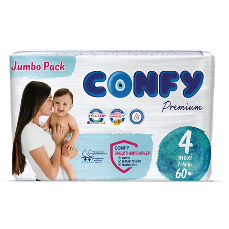 Подгузники CONFY детские Premium 7-14 кг размер 4 60 шт