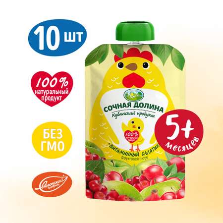 Пюре фруктовое 90 г х 10 шт. Сочная Долина Яблоко шиповник клюква без сахара с 5 мес.