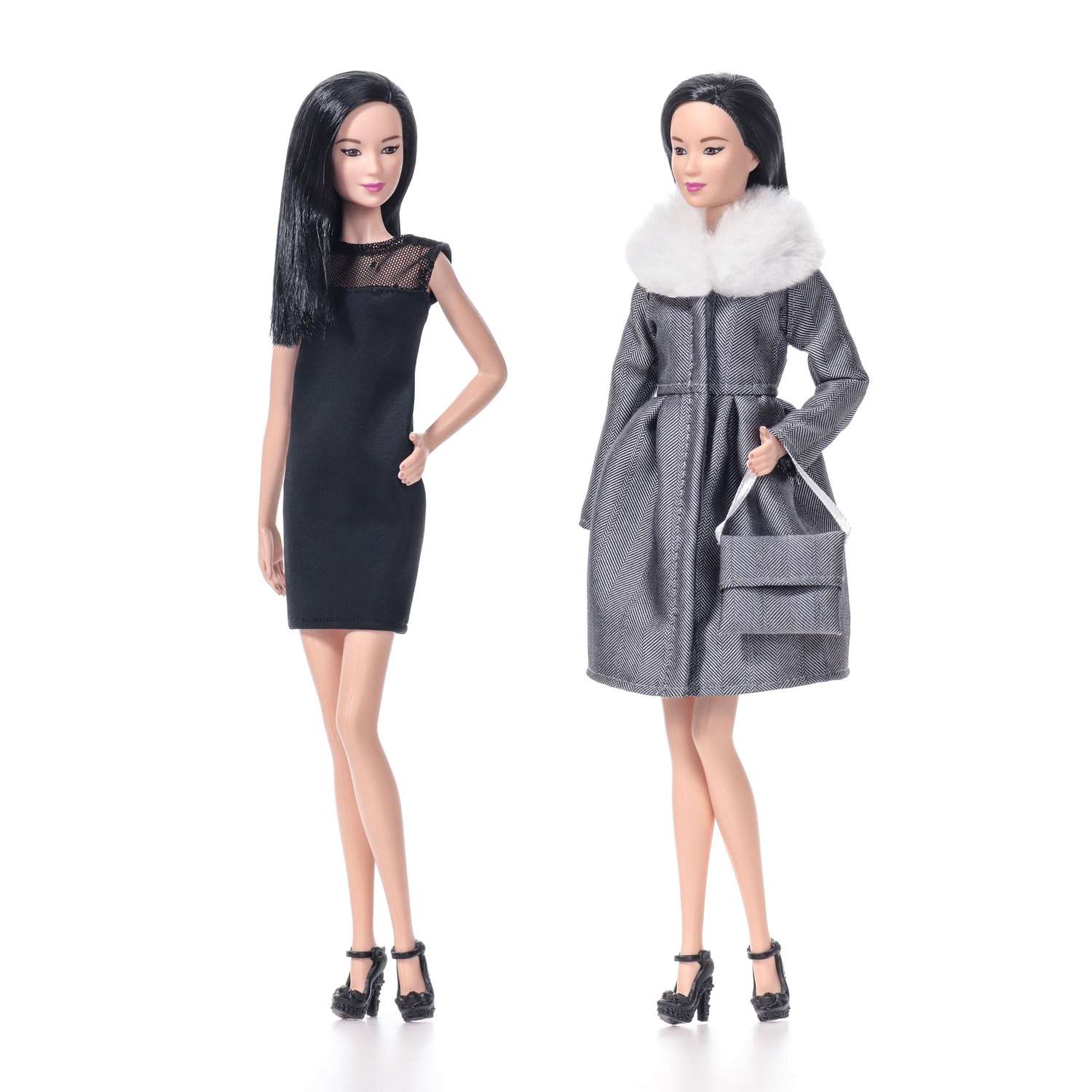 Одежда для кукол VIANA типа Барби 125.07.9 черное платье и серое пальто с сумочкой 1257.9 - фото 2