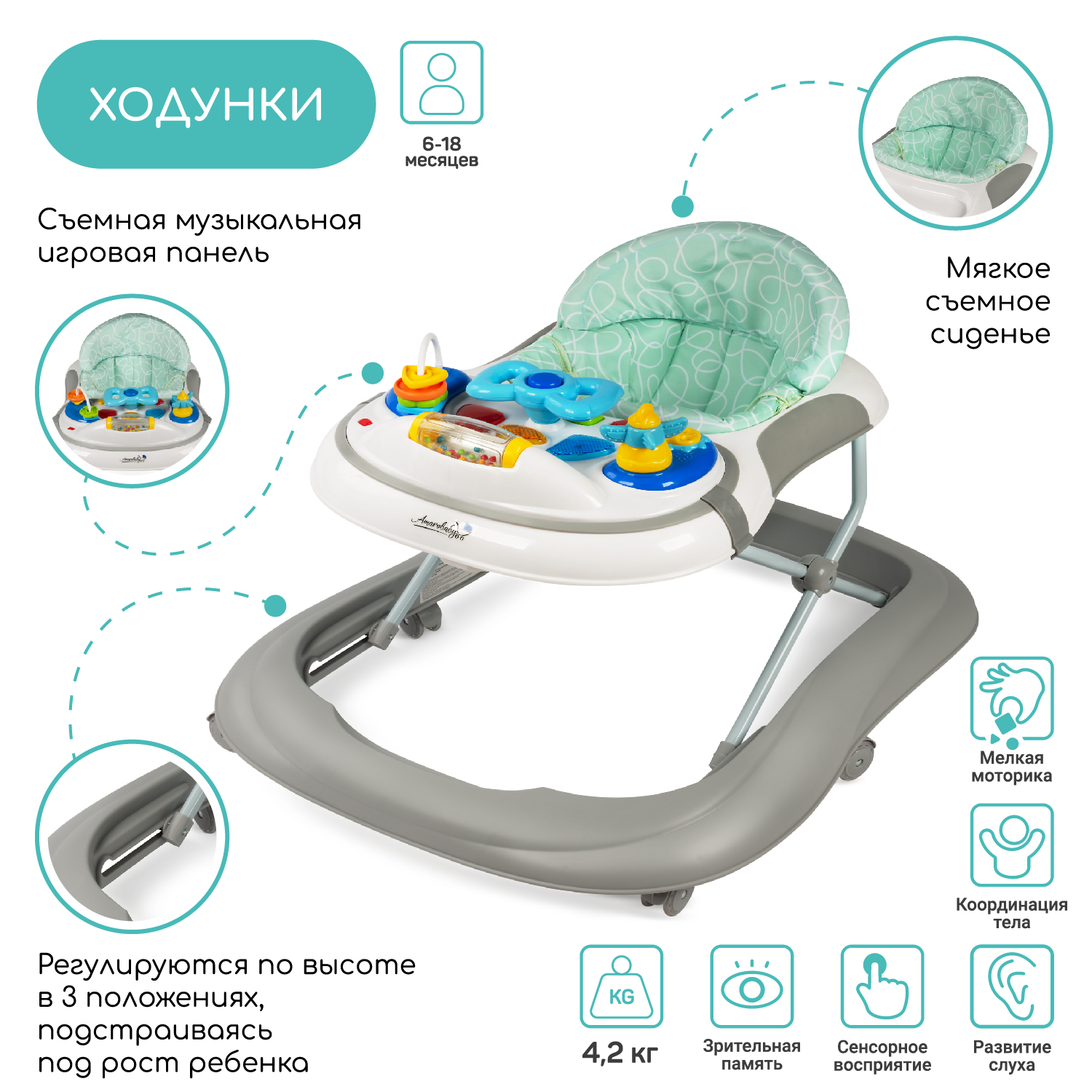 Ходунки детские AmaroBaby с электронной игровой панелью Strolling Baby GRAY серый - фото 8