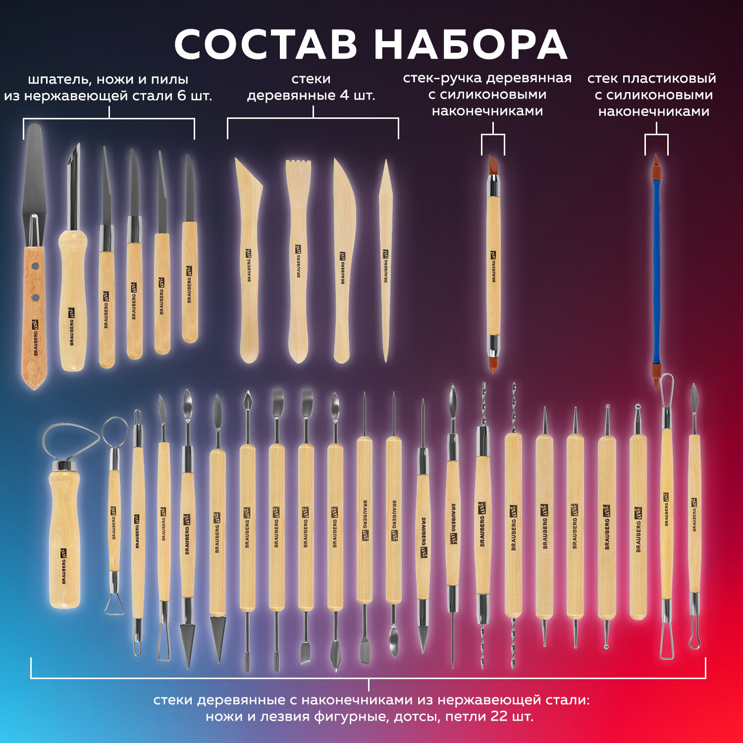 Набор инструментов Brauberg для лепки и моделирования 42 штуки - фото 3