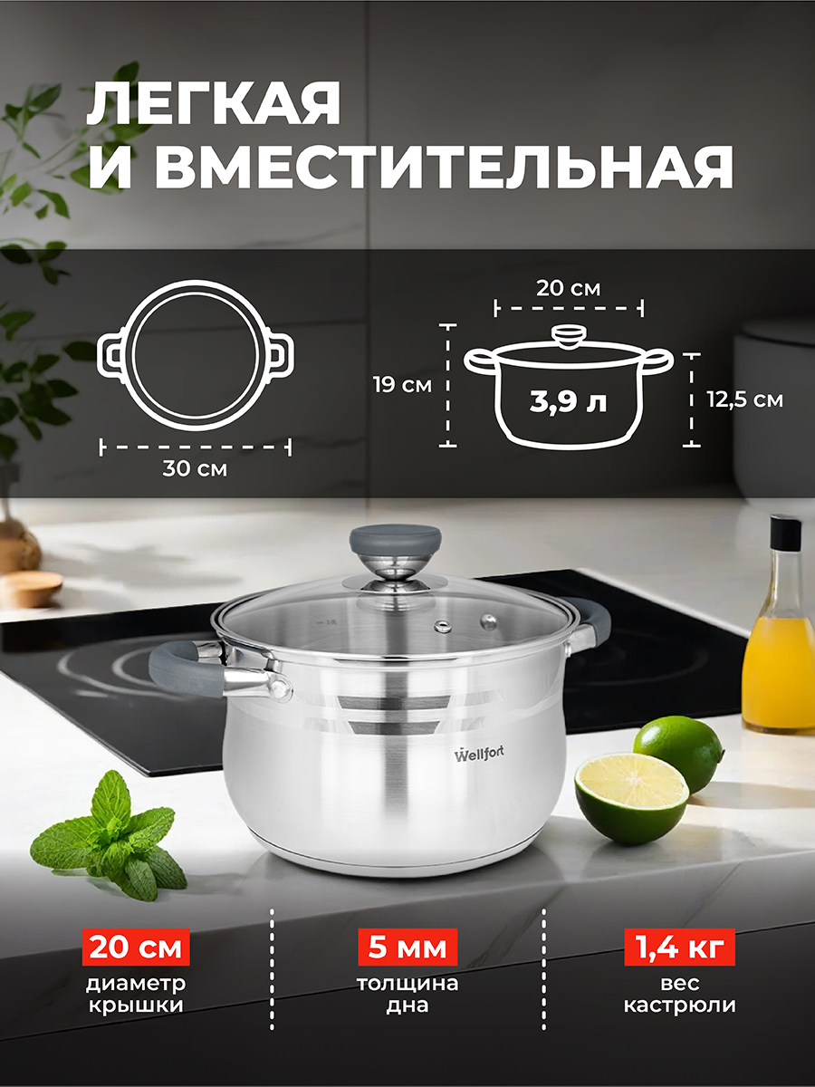 Кастрюля Wellfort 3.9Л нержавеющая сталь купить по цене 2309 ₽ в  интернет-магазине Детский мир