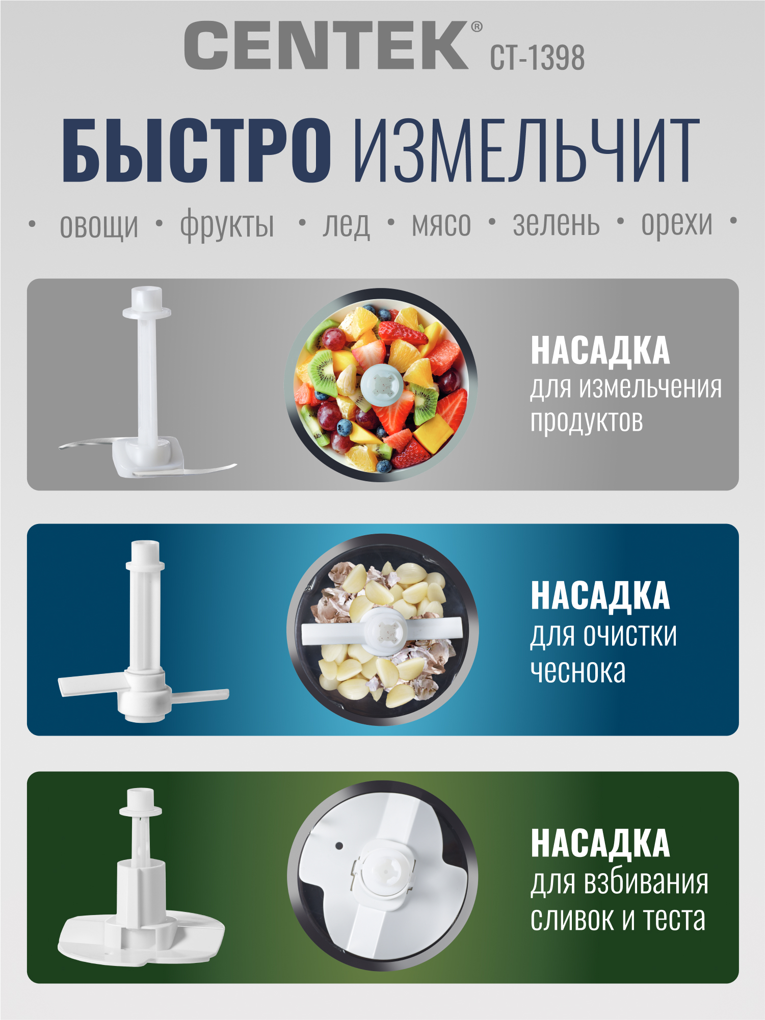 Чоппер/Измельчитель электрический CENTEK CT-1398 400Вт 2 скорости чаша 800 мл 3 насадки/режима измельчение - фото 4