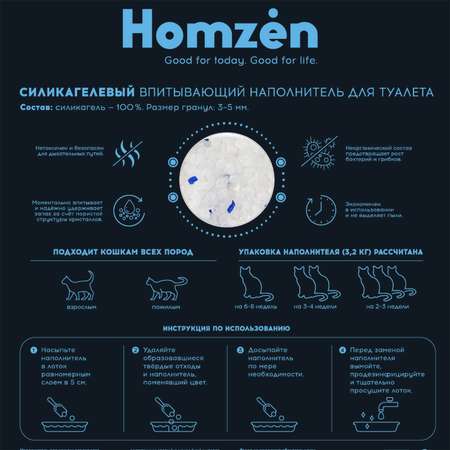 Наполнитель для кошачьего туалета Homzen силикагелевый 3.2кг 7.6л