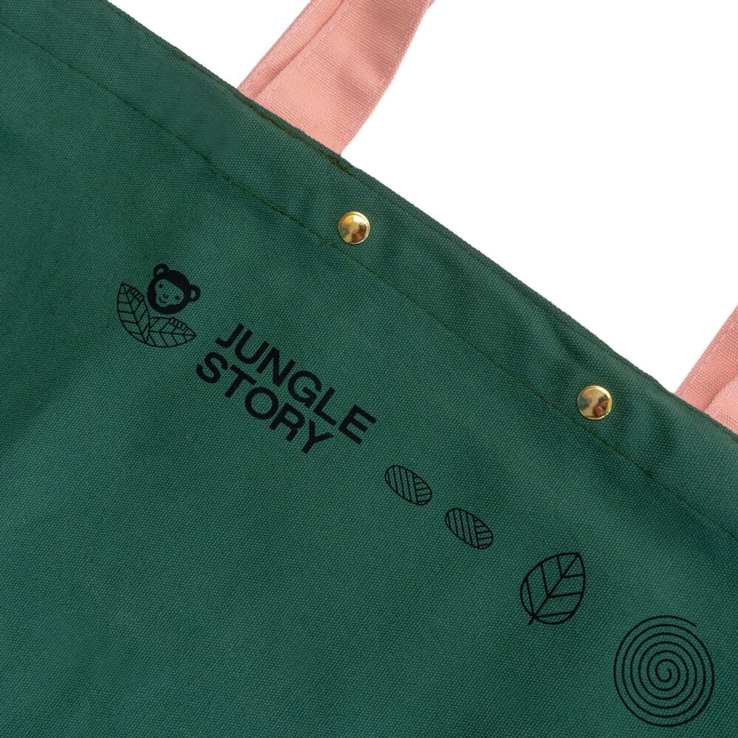 Большая сумка-шоппер Jungle Story зелено-розовая с карманом и заклепками - фото 6
