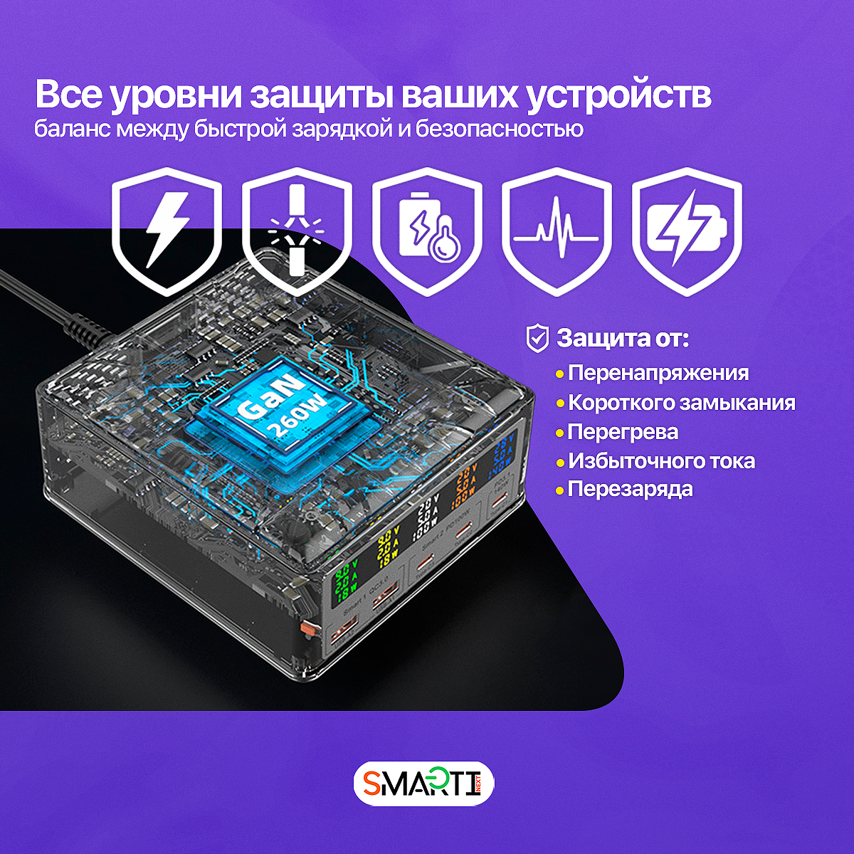 Зарядное устройство SmartiNext 260 Вт с беспроводной зарядкой черный - фото 4