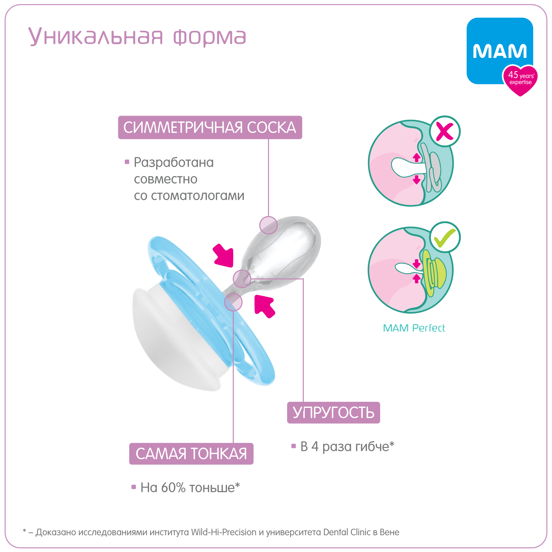 Пустышка MAM Perfect силиконовая 2 шт и контейнер / розовая и фиолетовая / 6+ мес - фото 2