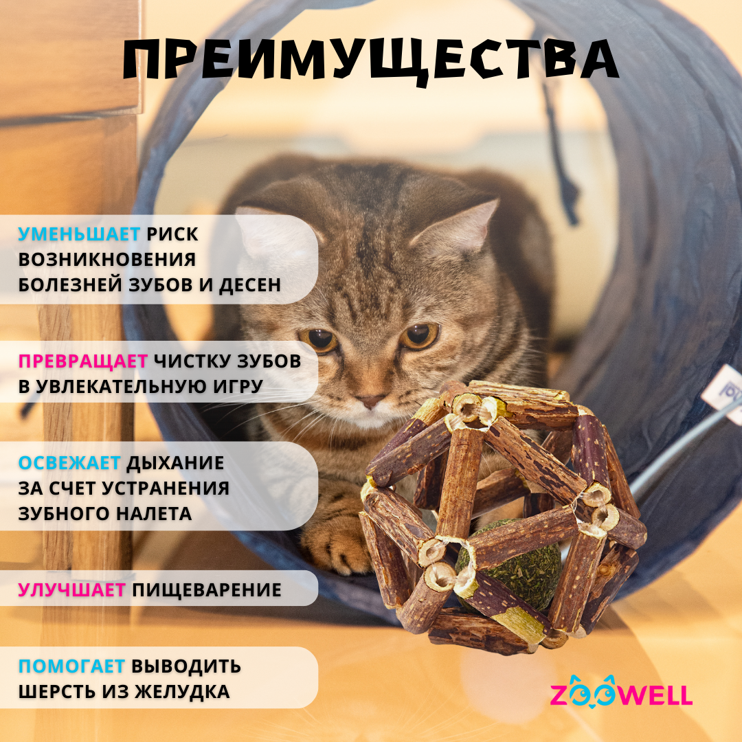 Игрушка для кошек ZDK ZooWell шар из палочек Мататаби Actinidia polygama для чистки зубов с кошачьей мятой 6см - фото 3