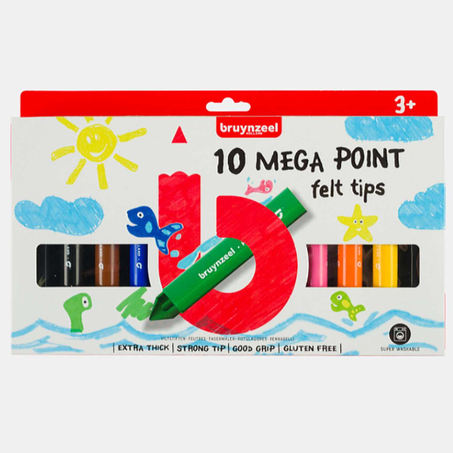 Набор фломастеров BRUYNZEEL Kids Mega Point 10 цветов в картонной упаковке - фото 1