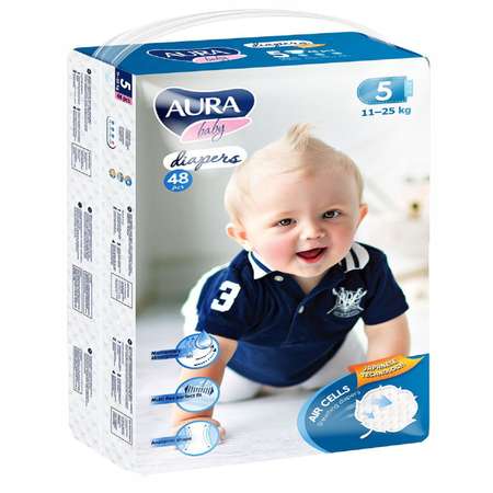 Подгузники AURA BABY одноразовые для детей 5/XL 11-25 кг jambo-pack 48шт