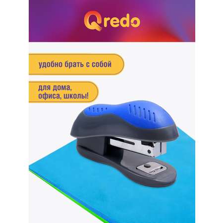 Степлер мини Qredo №10 до 12 листов пластиковый корпус антистеплер серо-синий