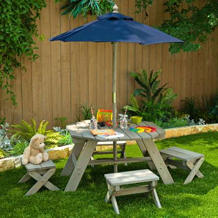 Детская садовая мебель KidKraft 4 скамьи стол-пикник зонт серо-синий 20176_KE