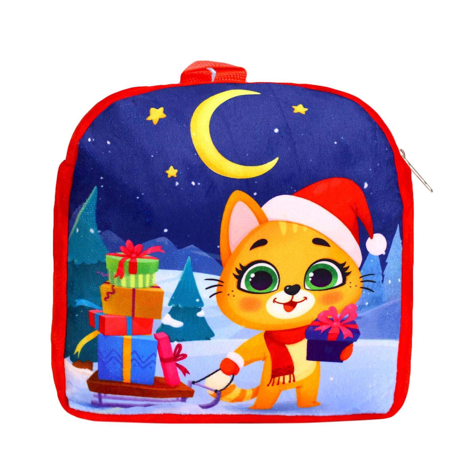 Детский рюкзак Milo Toys плюшевый Котик в новогодней шапочке 26х24 см - фото 1