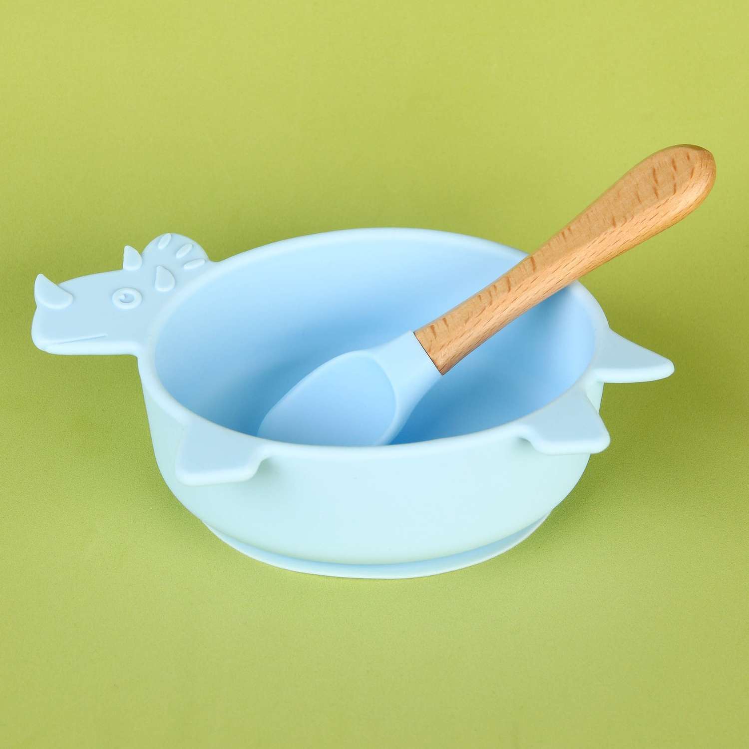 Набор детской посуды Mum and Baby для кормления из силикона «Динозаврик» миска на присоске ложка цвет голубой - фото 2