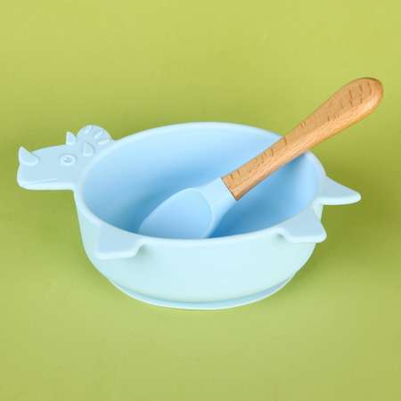 Набор детской посуды Mum and Baby для кормления из силикона «Динозаврик» миска на присоске ложка цвет голубой
