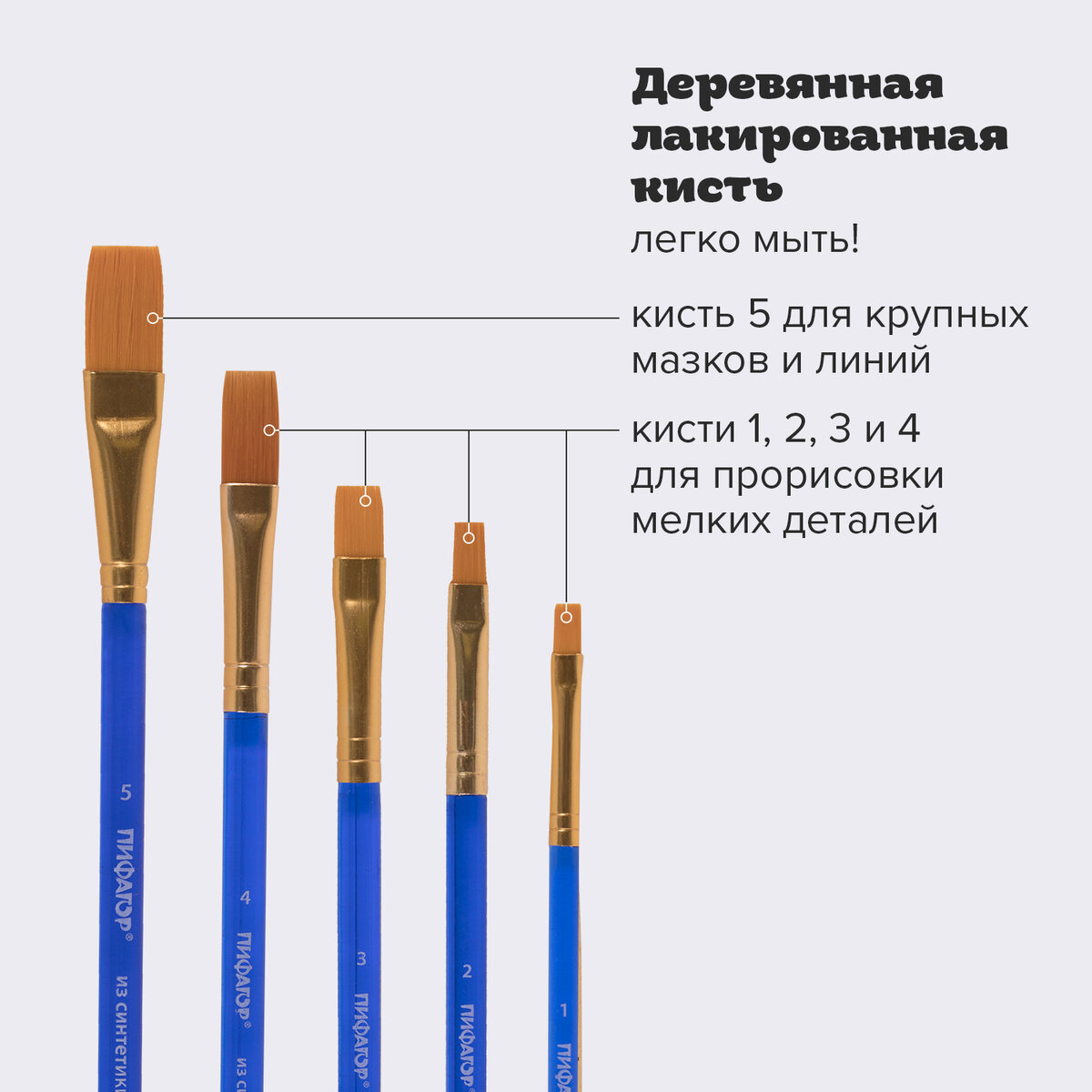 Набор кистей Пифагор для акварели и гуаши 5шт синтетические плоские № 1 2 3 4 5 - фото 3